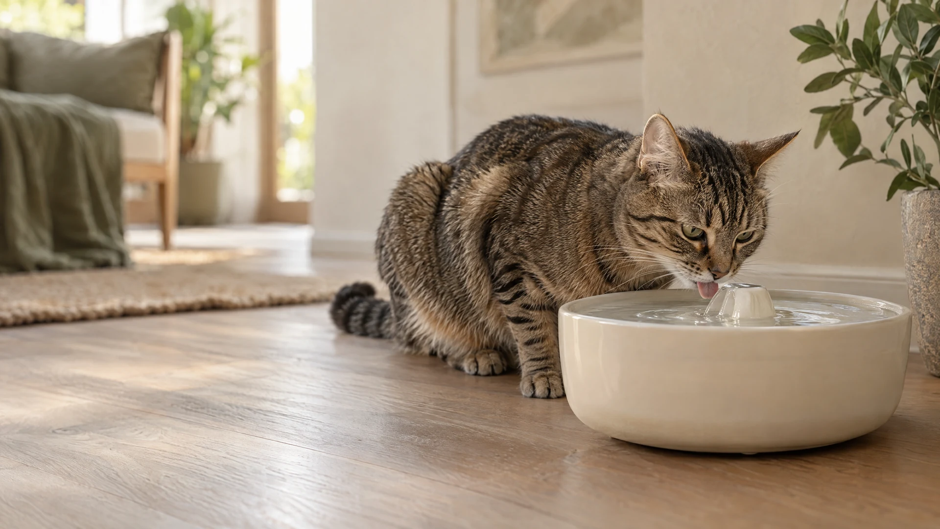 A tabby cat drinking from an ivory ceramic water fountain in a softly lit home.