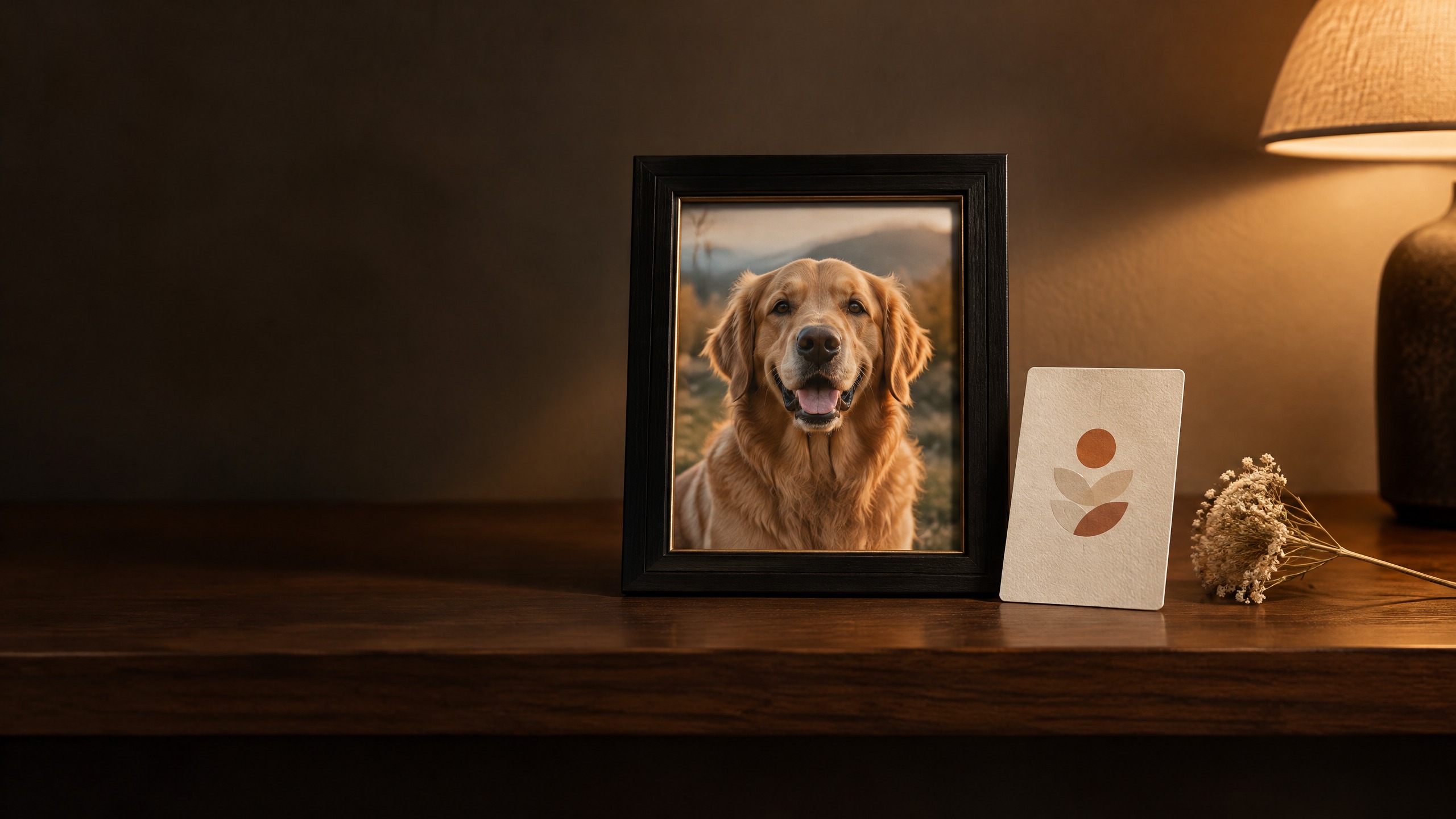 A framed golden retriever portrait beside a quiet keepsake card