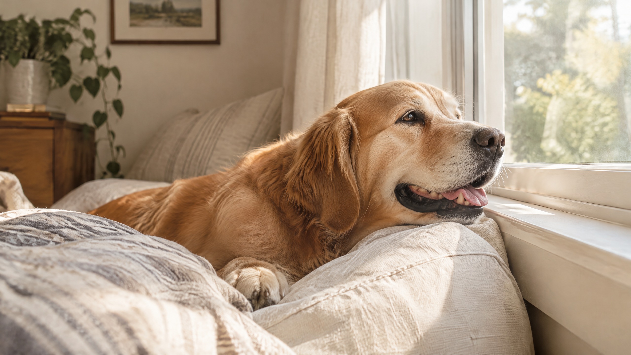 A golden retriever resting by a sunlit window in a familiar home
