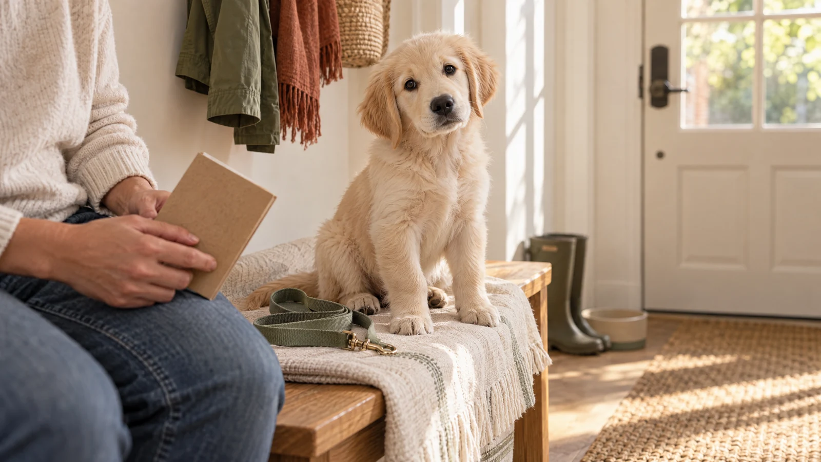 Young golden retriever puppy sitting on a cream blanket beside an owner holding a closed pet health booklet.