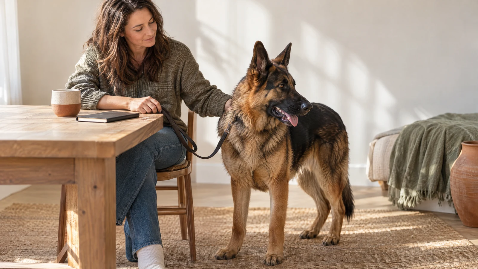 A calm adolescent German Shepherd stands beside an adult caregiver at a sunlit home table with an unbranded notebook, illustrating a thoughtful large-breed sterilization-timing conversation.