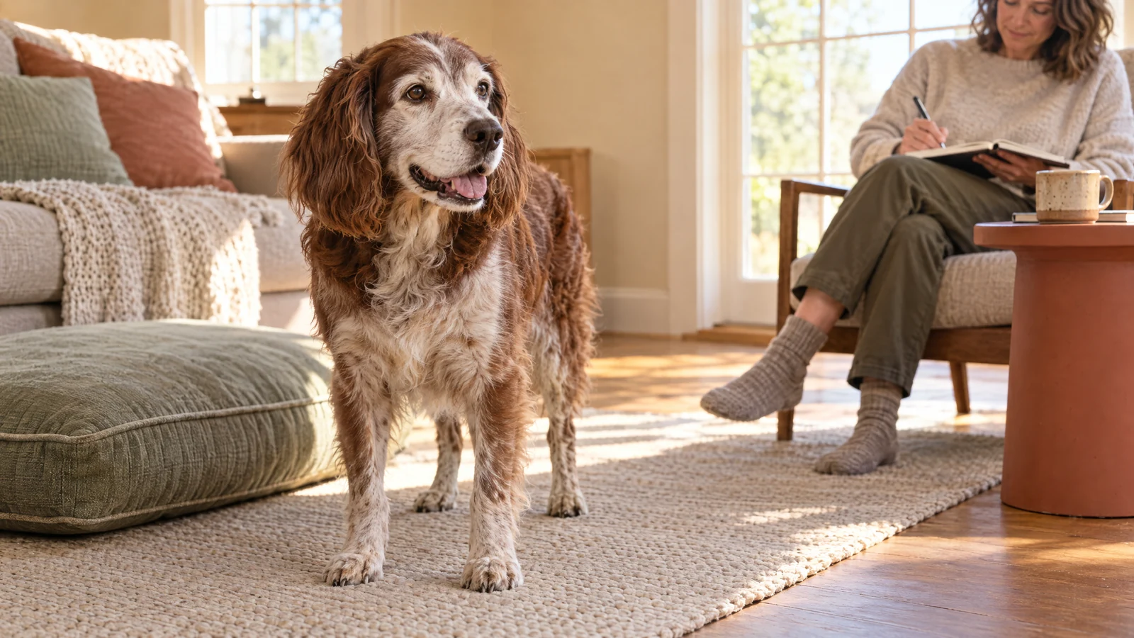 Grey-muzzled senior spaniel mix standing calmly on a cream runner while an adult guardian makes notes nearby in a warm living room.