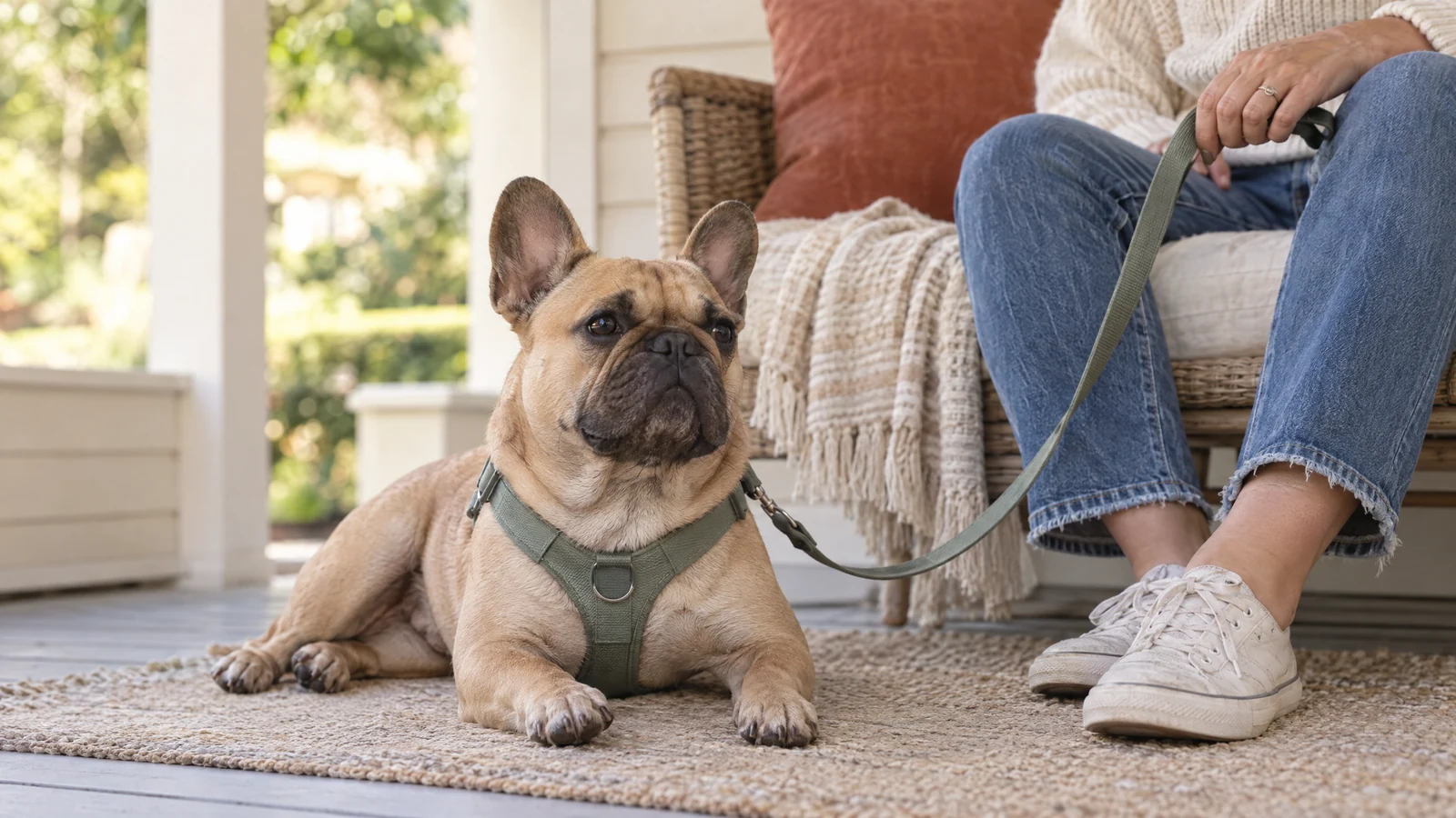A fawn French bulldog wearing a sage harness rests beside an adult guardian in a softly lit home.