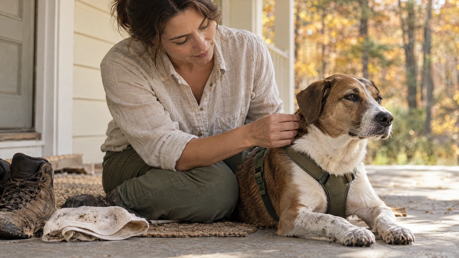 An adult guardian gently checking a calm brown-and-white dog's coat on a leafy porch after an outdoor walk.
