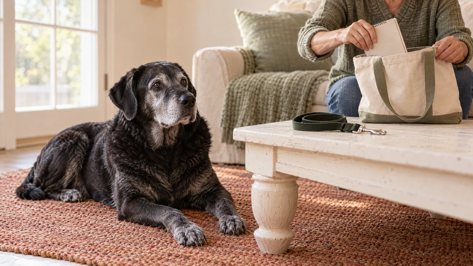 A silver-muzzled black Labrador rests beside an adult guardian preparing a canvas bag.