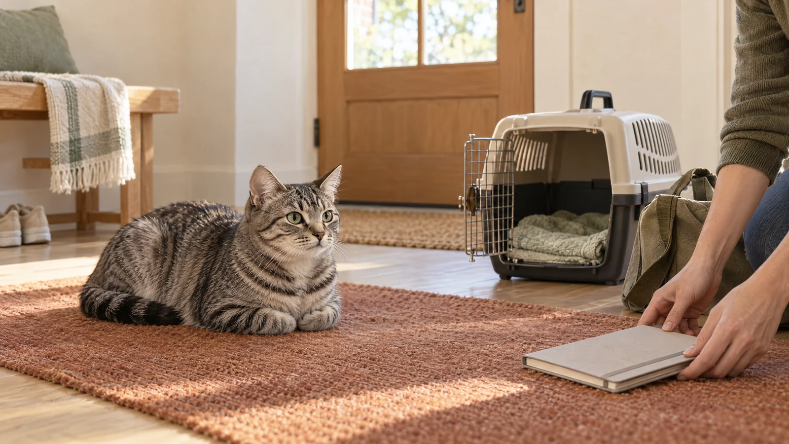 Relaxed silver tabby cat beside an open carrier while a caregiver prepares a cream towel in a sunlit home.