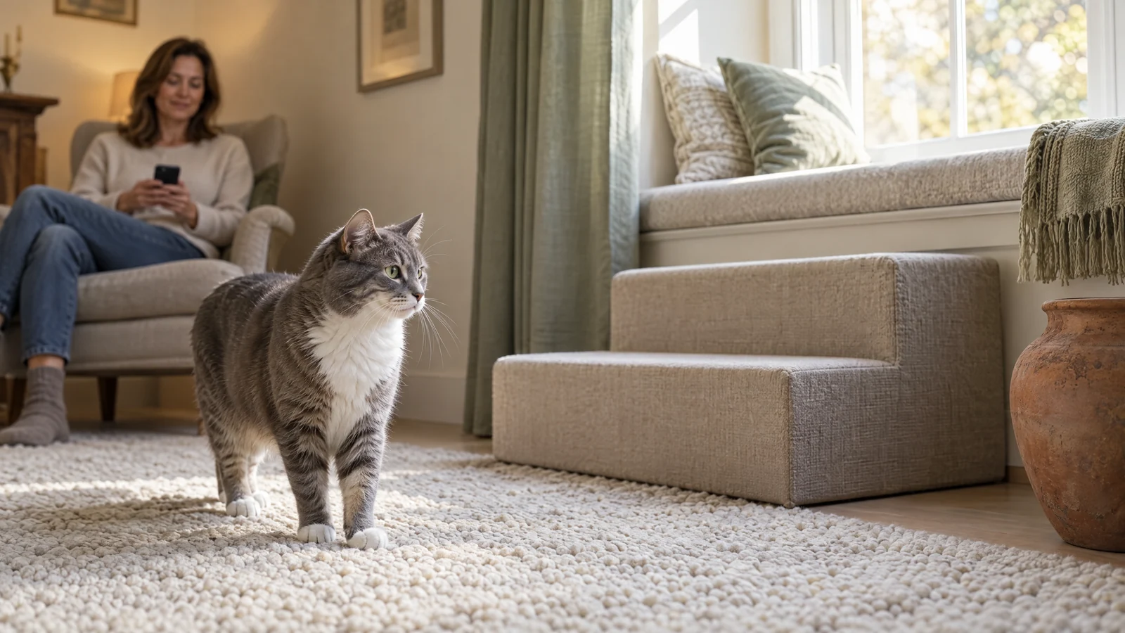Mature grey-and-white cat pauses beside low pet steps in a softly lit home while an adult guardian quietly observes from nearby.