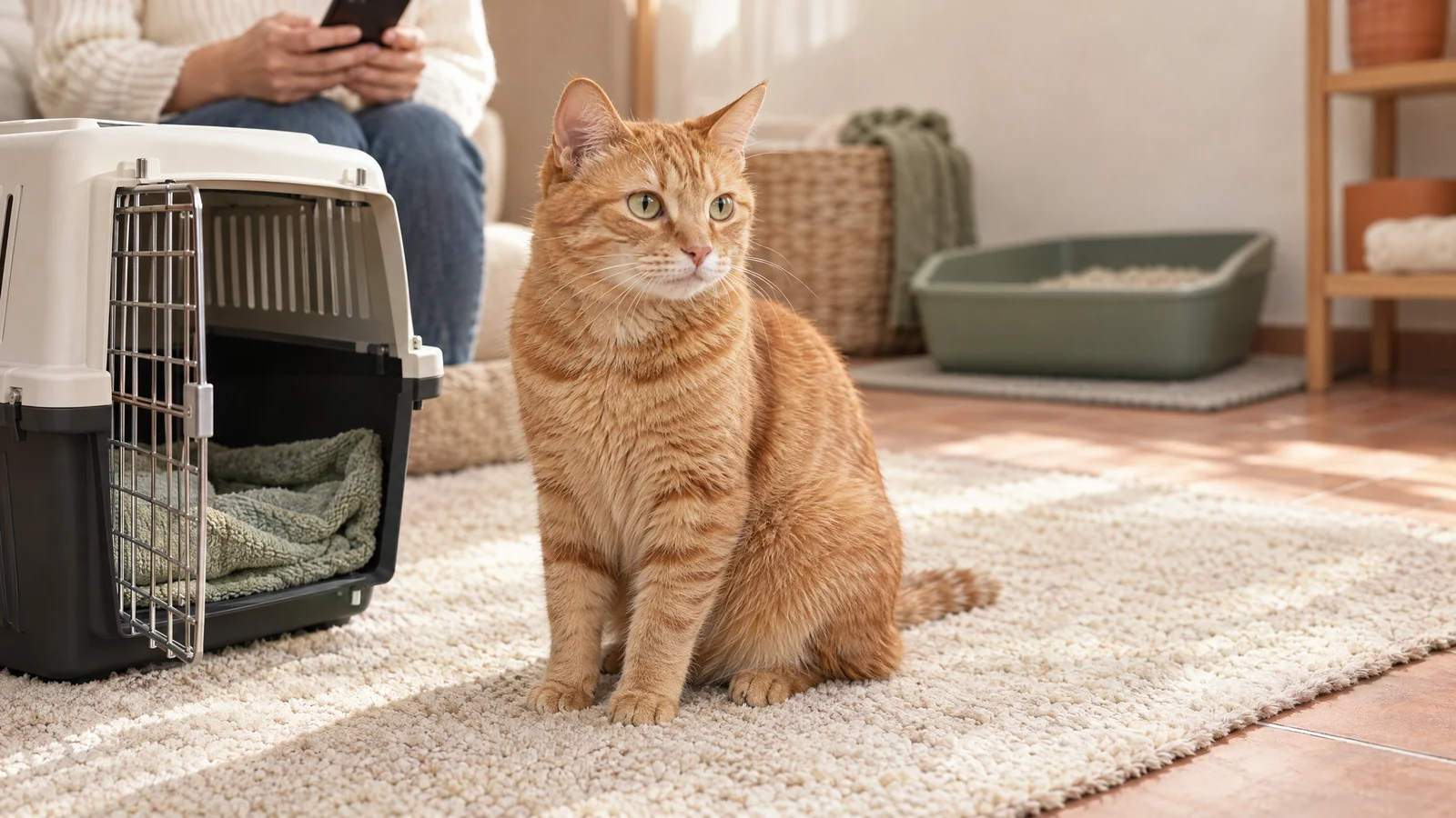 A ginger short-haired cat sits beside a prepared carrier in a softly lit home, with a clean litter box in the background.