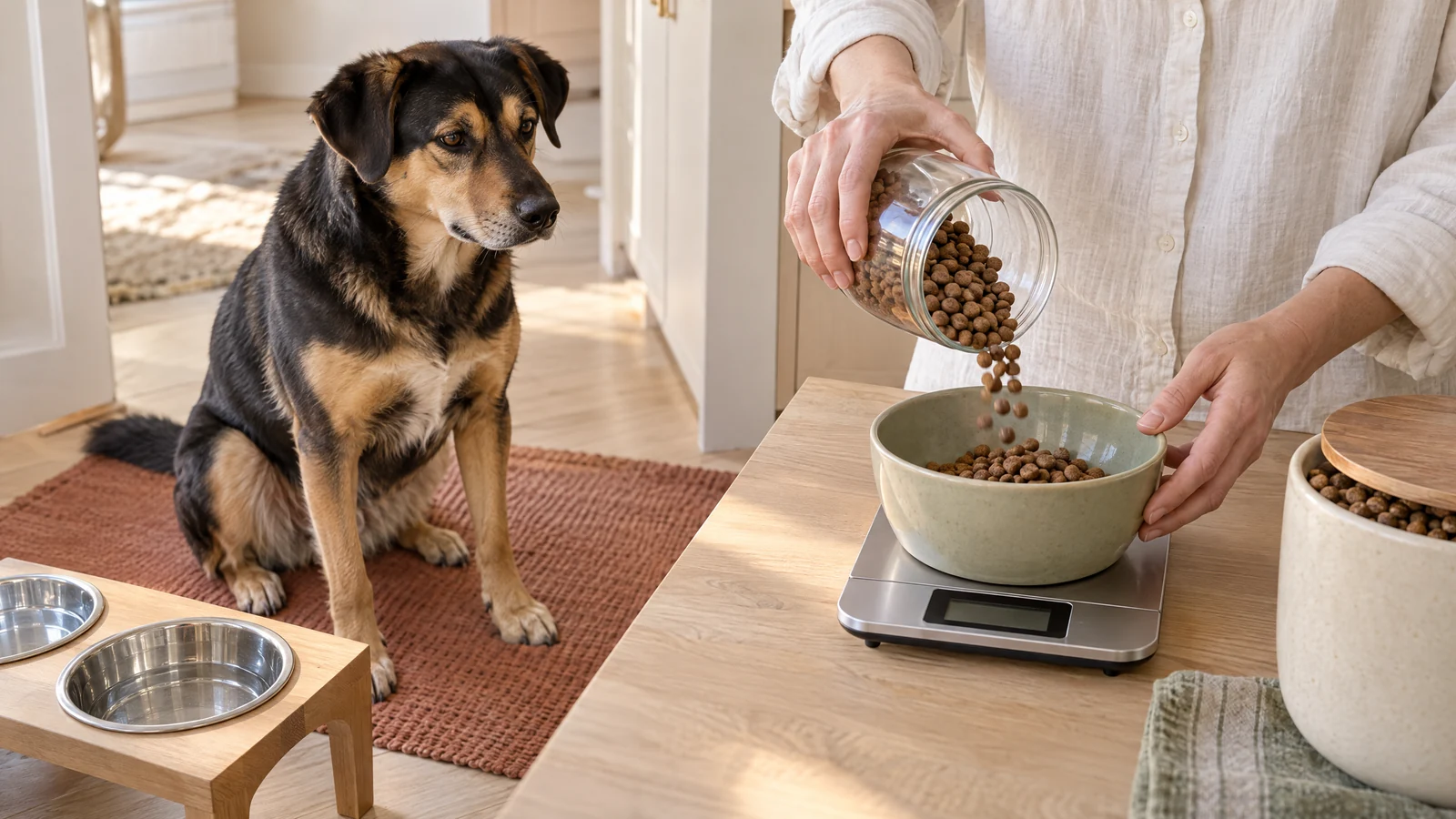 An adult mixed-breed dog waits beside a soft-sage bowl while an adult guardian measures plain food at a calm home feeding station.