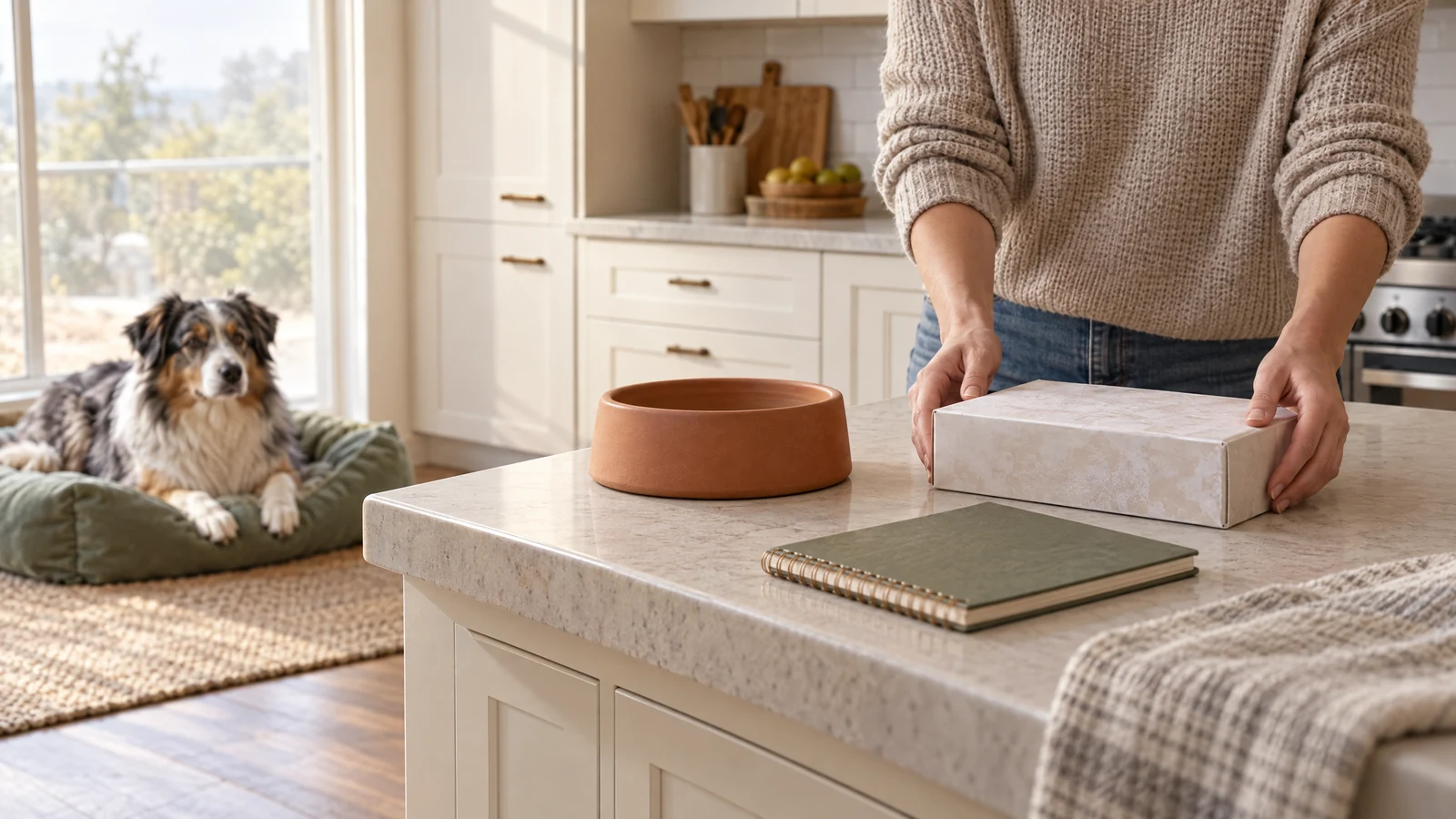 Calm adult Australian Shepherd near a clean home kitchen while a caregiver sets a sealed unbranded pet-food carton beside a notebook and empty bowl.