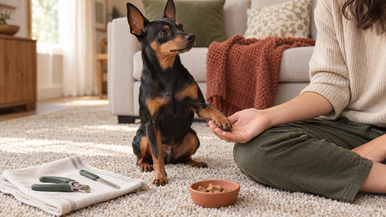A relaxed black-and-tan small dog rests a front paw in its guardian’s hand beside nail clippers on a linen cloth in a softly lit living room.