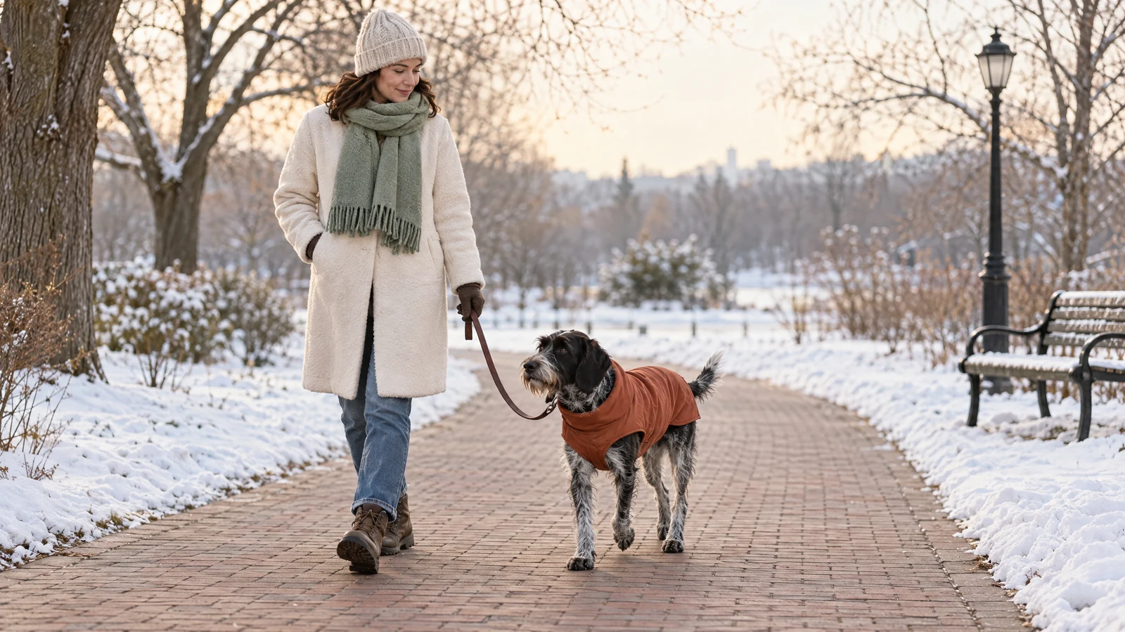 A relaxed wirehaired black-and-white dog in a terracotta coat walking on a clear snowy park path beside an adult guardian.