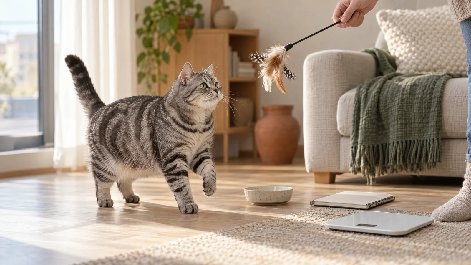 A gently rounded adult tabby cat follows a feather wand beside an unbranded measured-meal setup in a warm, sunlit home.