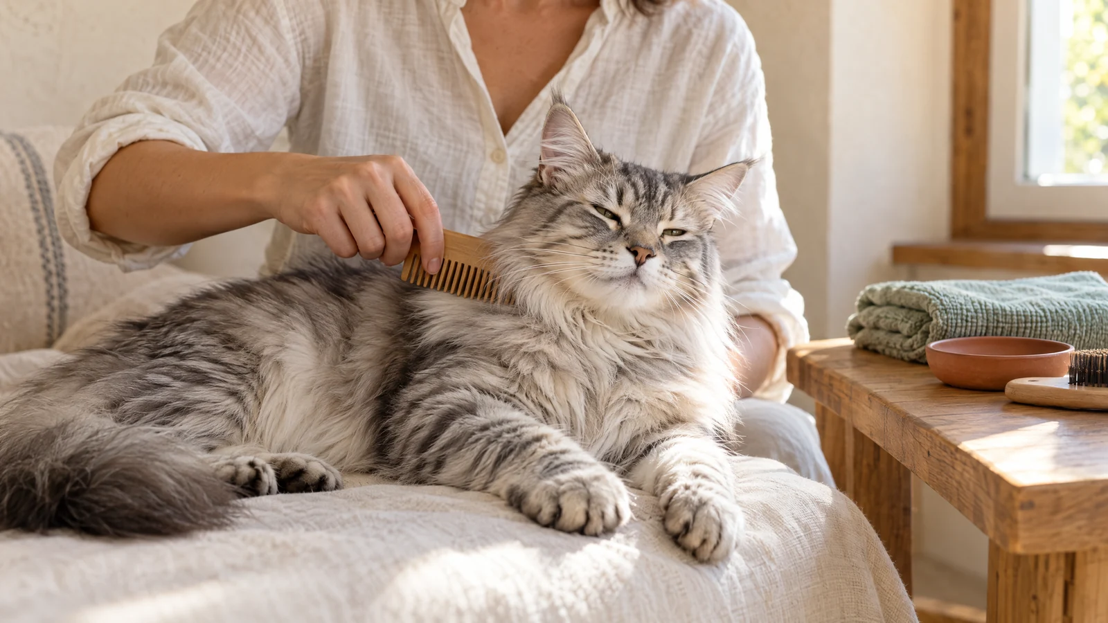 A long-haired silver tabby relaxes while an adult gently combs its coat in a sunlit home.