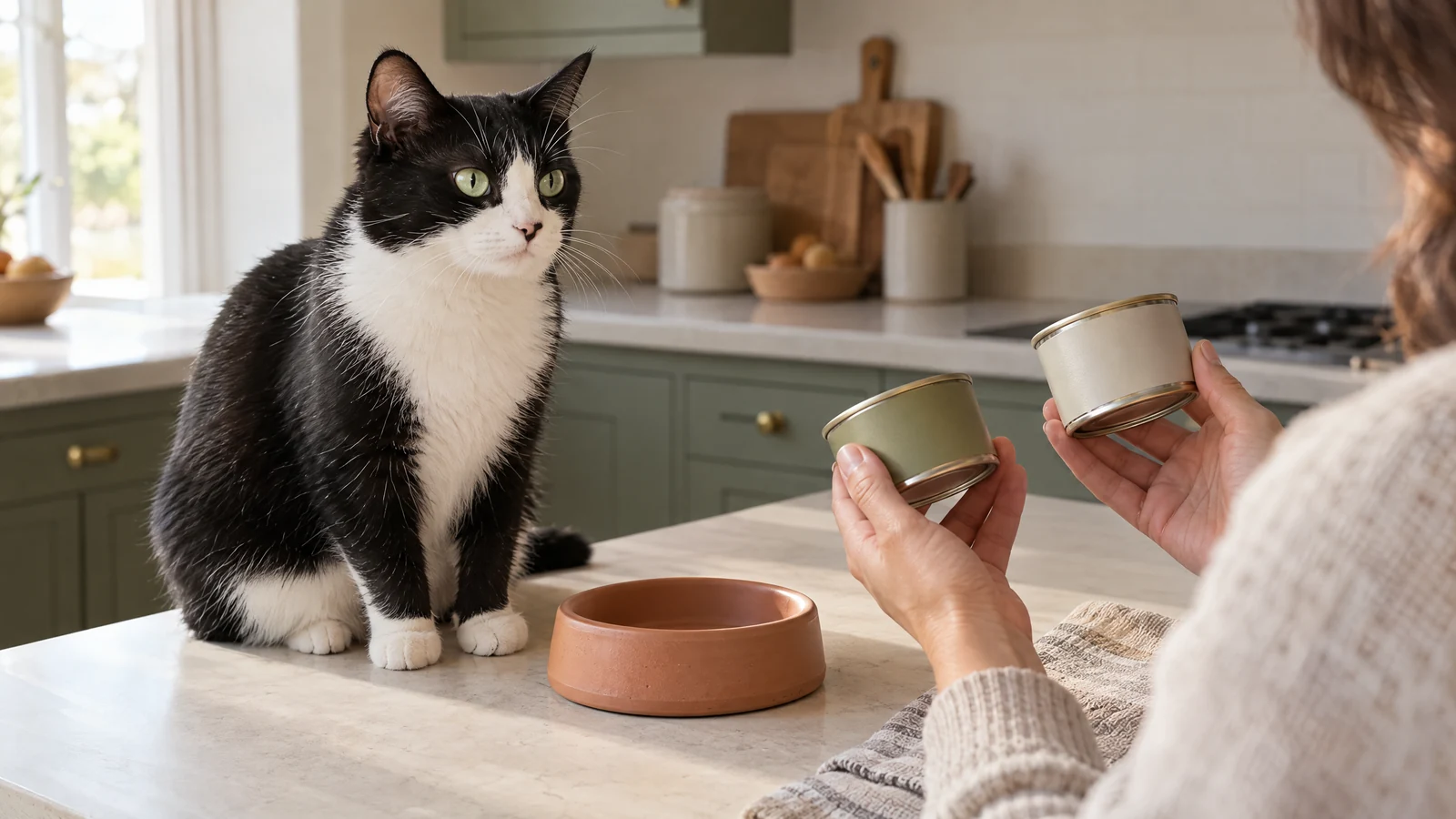 A calm adult tuxedo cat sits beside unbranded cat-food tins and a terracotta bowl on a warm cream kitchen counter while an owner compares the packaging.