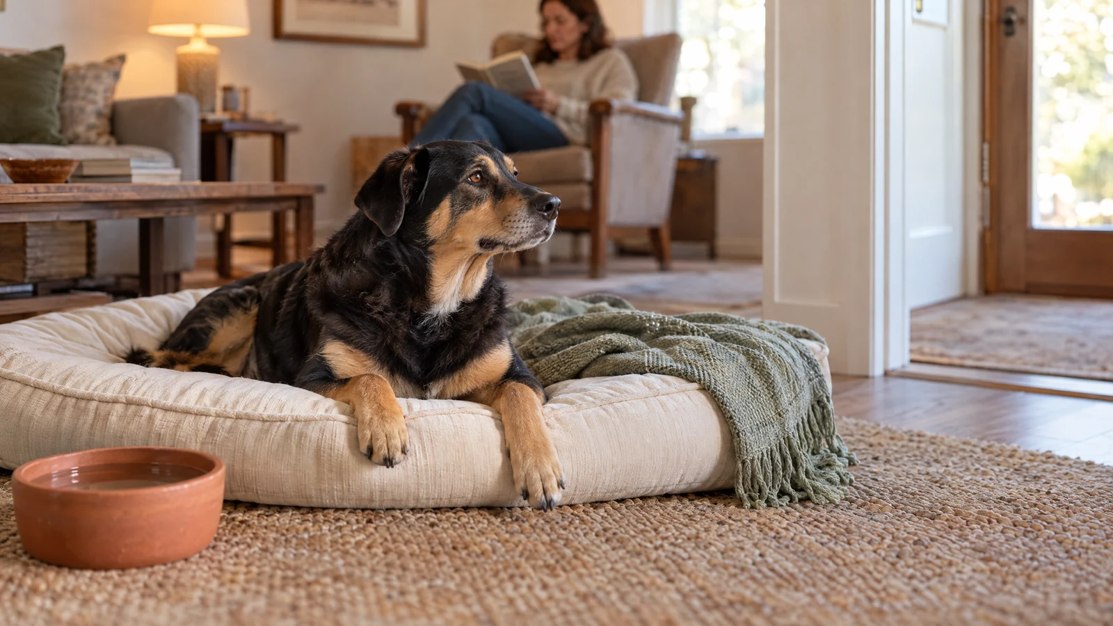An adult black-and-tan mixed-breed dog resting on a cream bed in a quiet, softly lit living room while an adult sits in the background.
