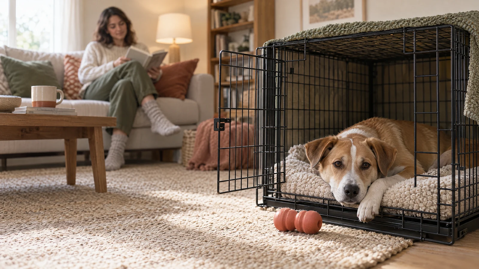 A calm dog rests inside an open, softly furnished crate while an adult reads nearby.