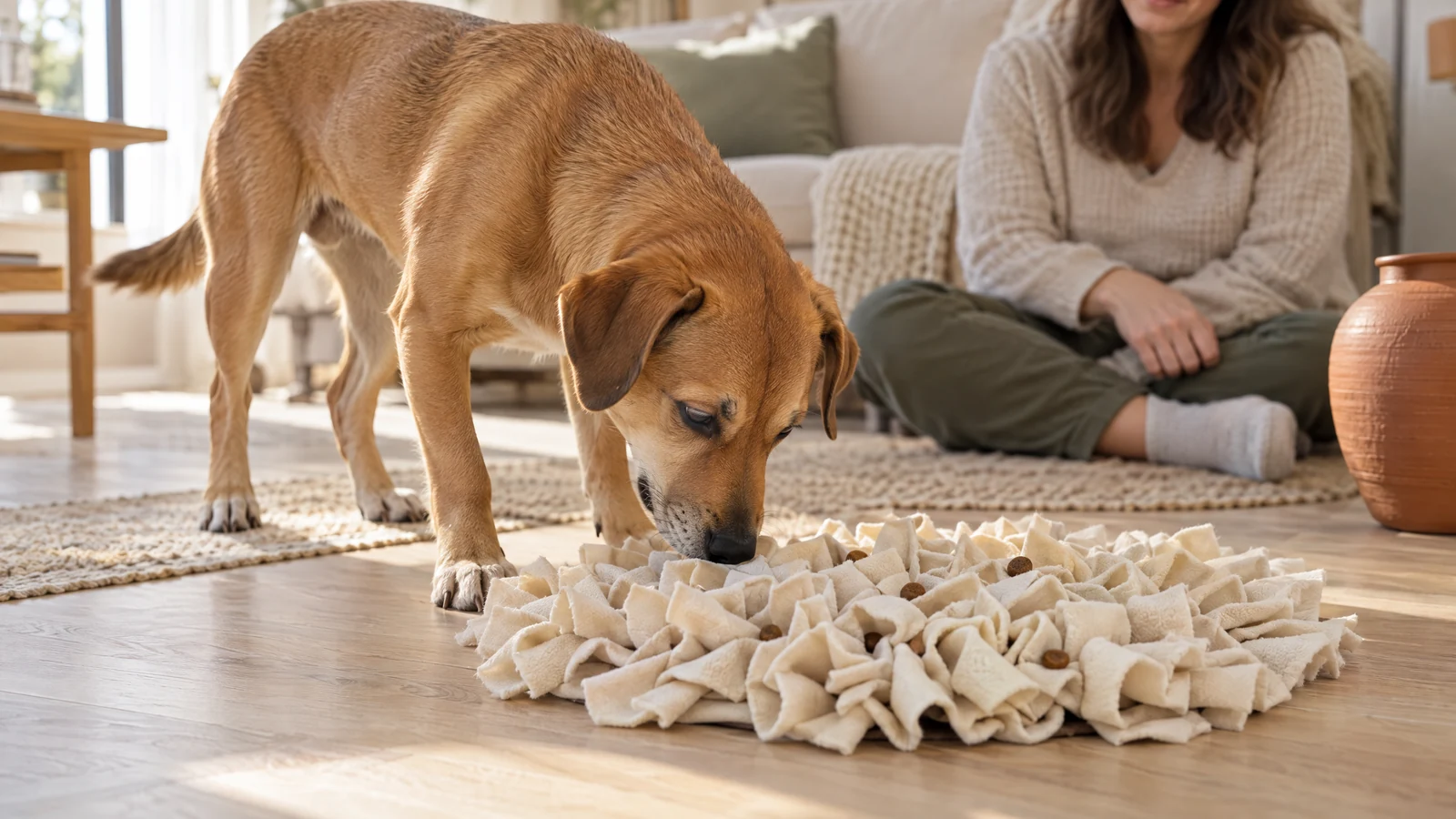 Adult caramel mixed-breed dog calmly sniffing a cream fleece snuffle mat on a sunlit living-room floor while an adult supervises nearby.