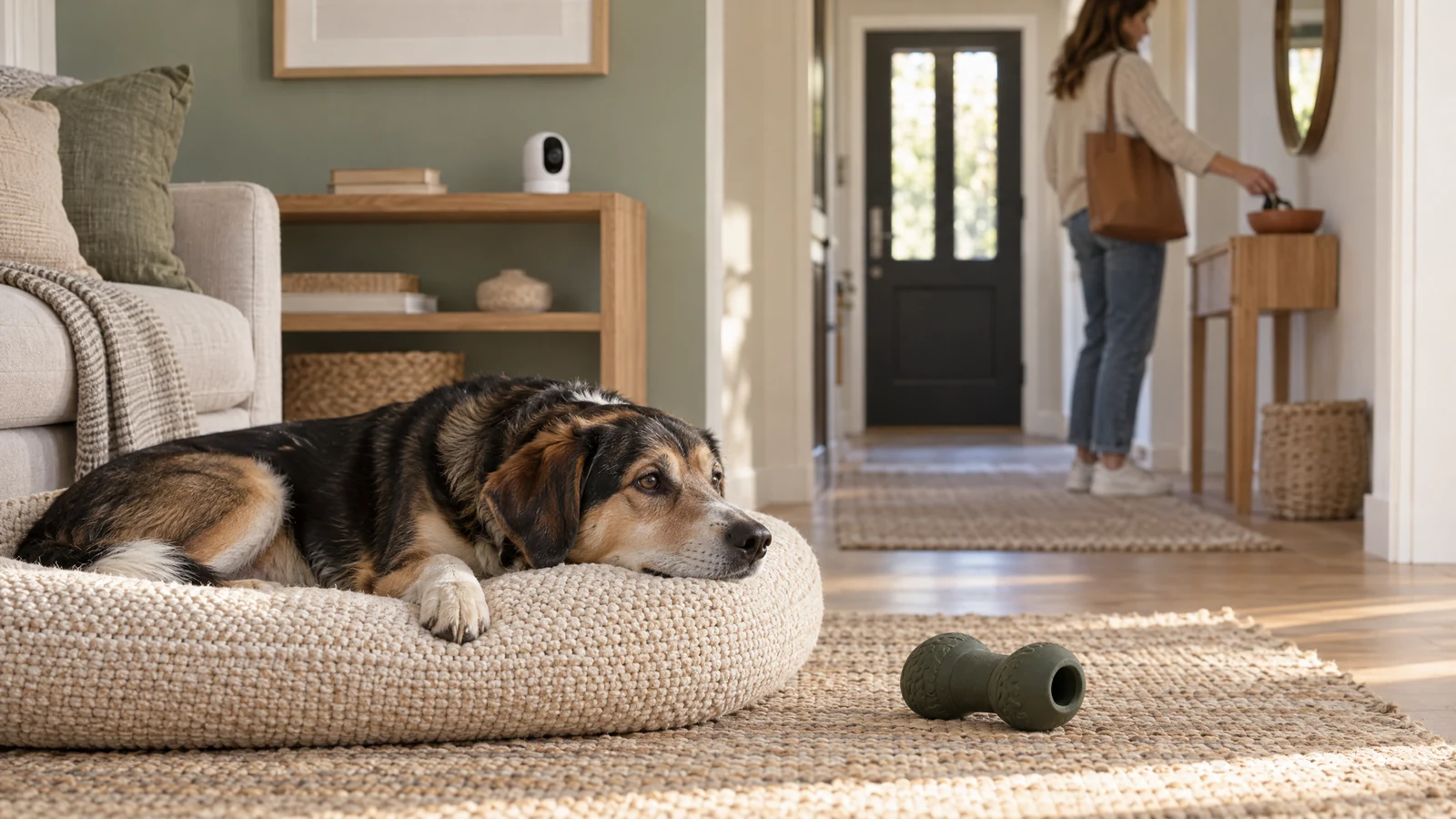Relaxed tricolour dog resting on a cream bed while its owner quietly prepares to leave in a softly lit home.