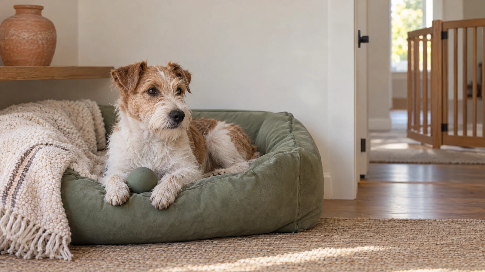 Calm tan-and-white terrier resting with a toy in a quiet home nook beside a pet gate.