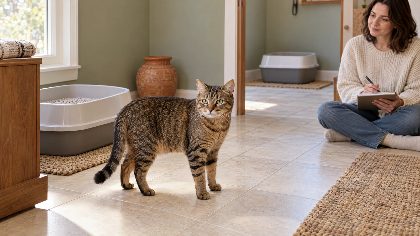 A calm tabby cat near two clean open litter trays in a quiet, sunlit home alcove while a caregiver observes from a respectful distance.