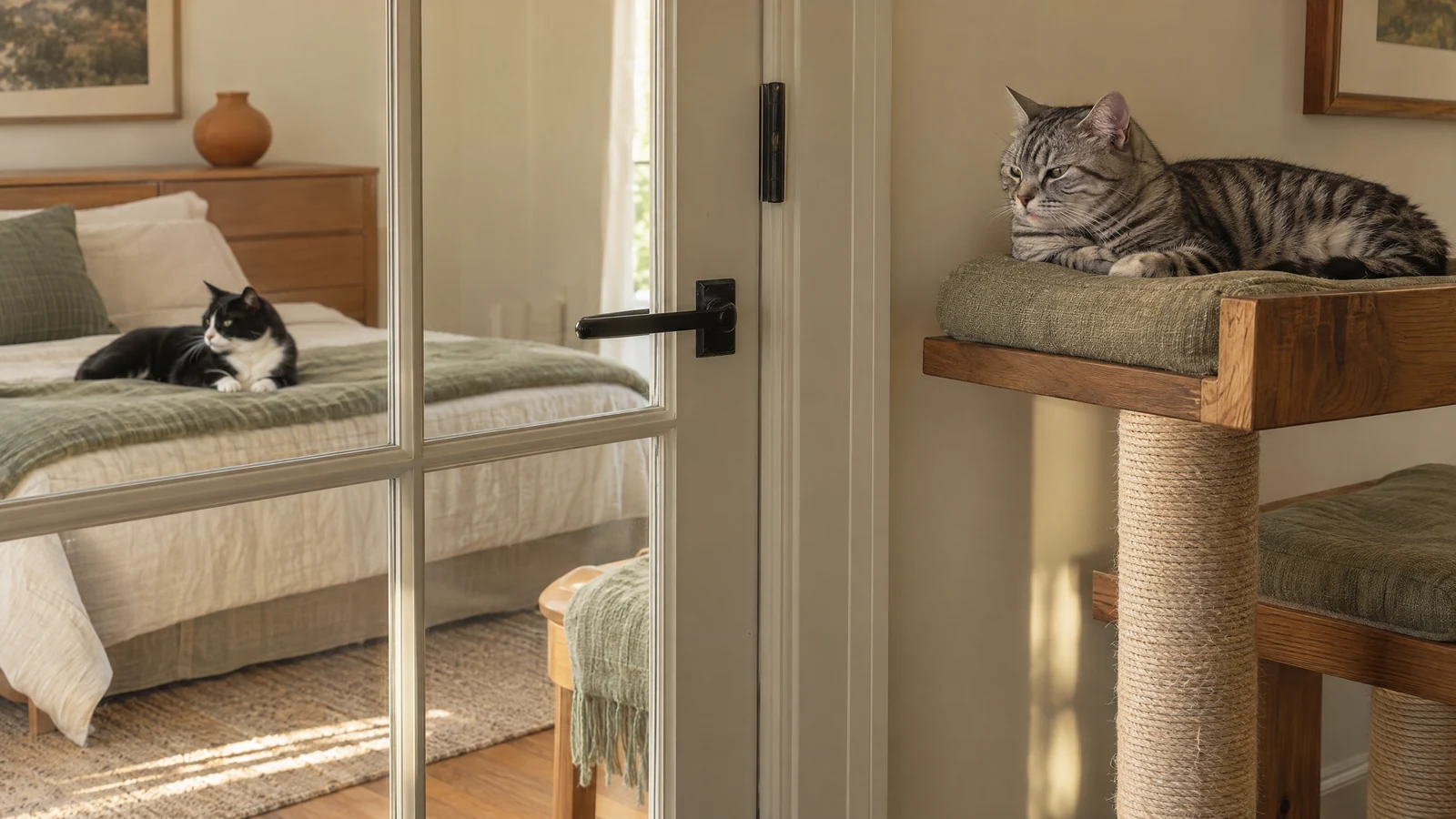 A tabby cat on a high perch and a black-and-white cat in a separate room visible through a closed glass door, both calm.