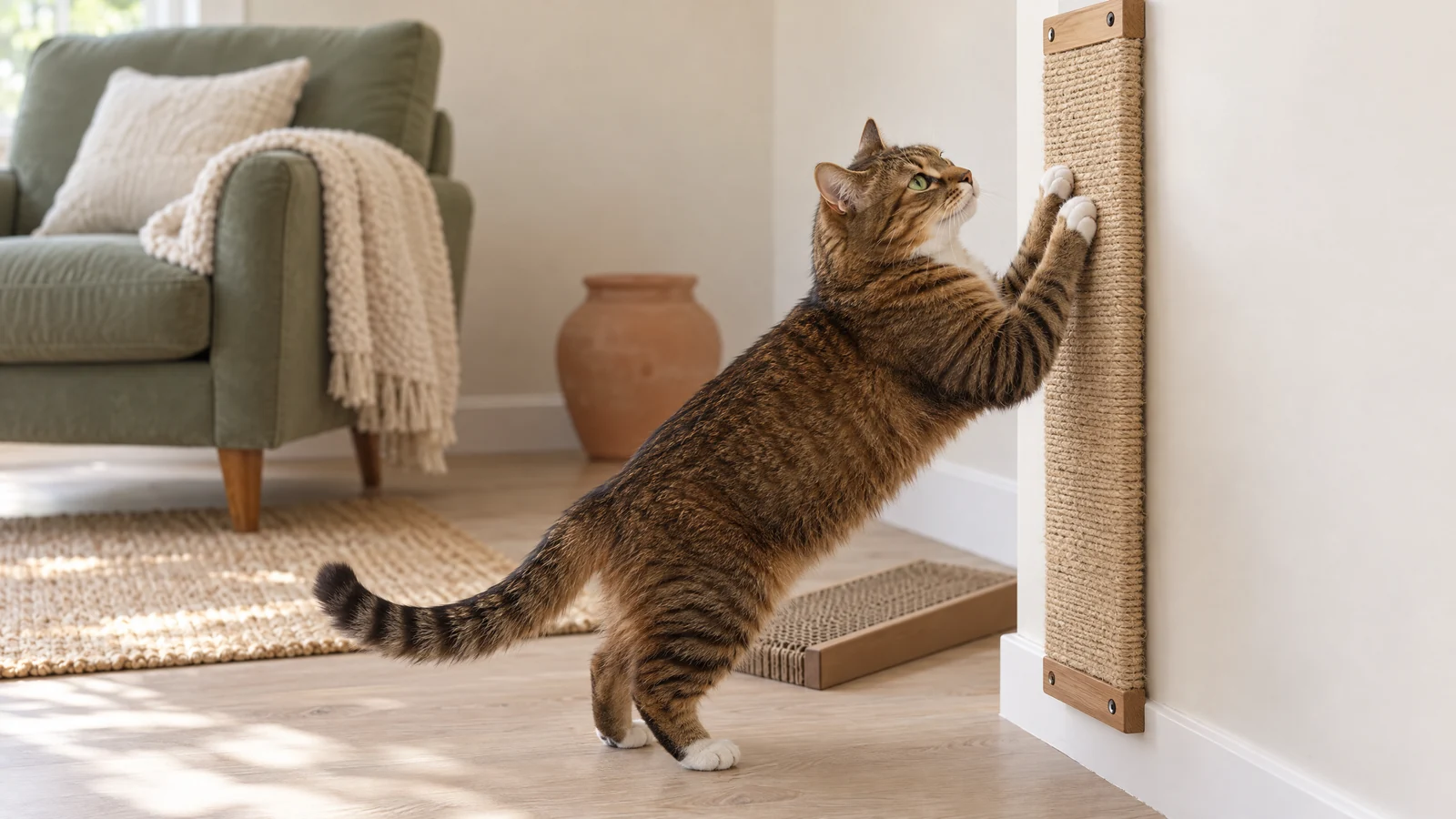 Adult brown tabby cat stretching against a tall sisal scratching board in a calm cream and sage living room, with a horizontal scratch pad nearby.