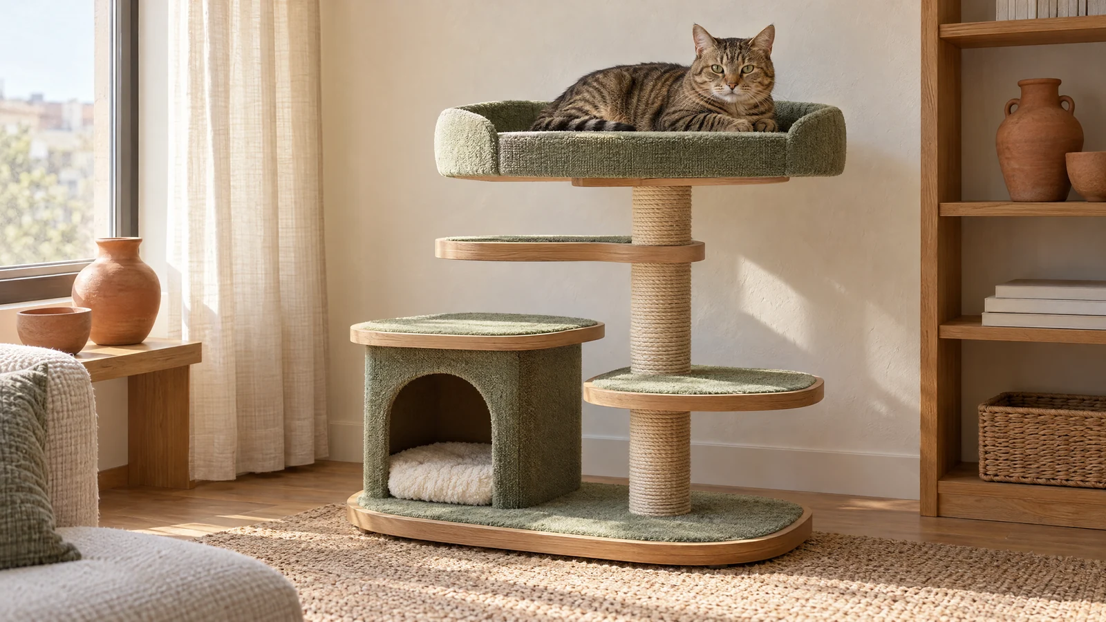 A brown tabby cat rests on a sturdy multi-level sage cat tree in a bright small apartment.