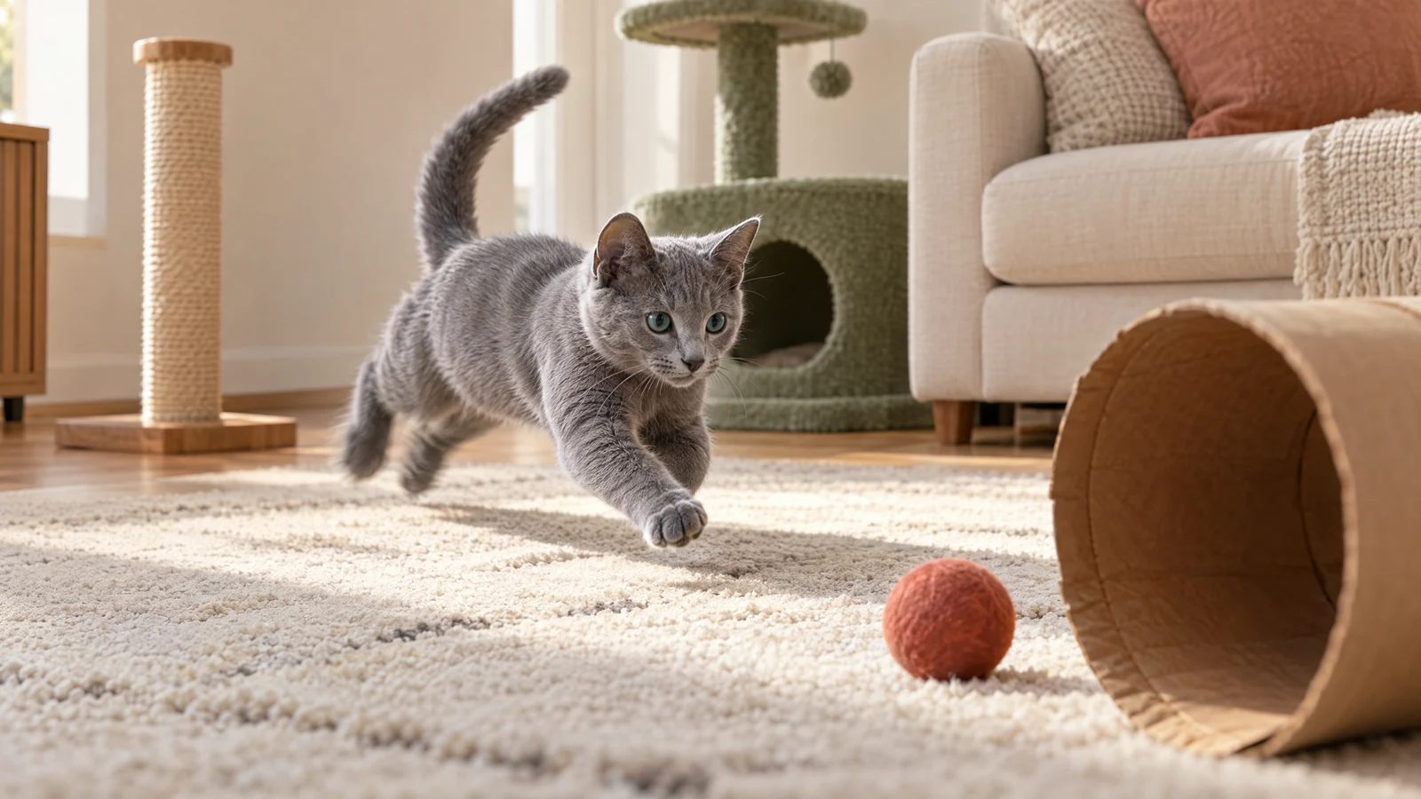 Blue-grey short-haired cat sprinting safely across a clear cream rug toward a cardboard tunnel in a warm, sunlit living room.