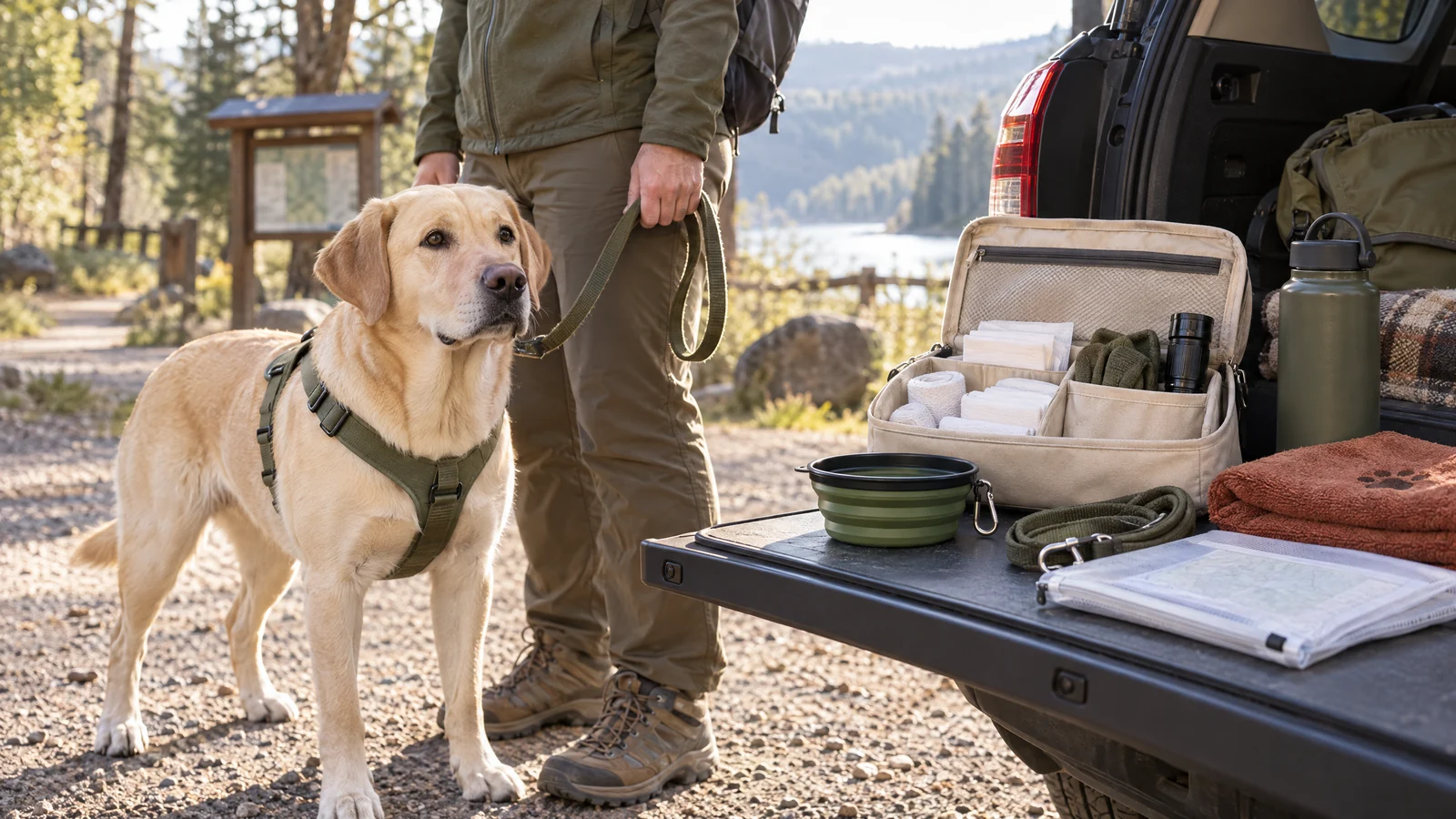 A dog beside a packed travel bag near an open vehicle.