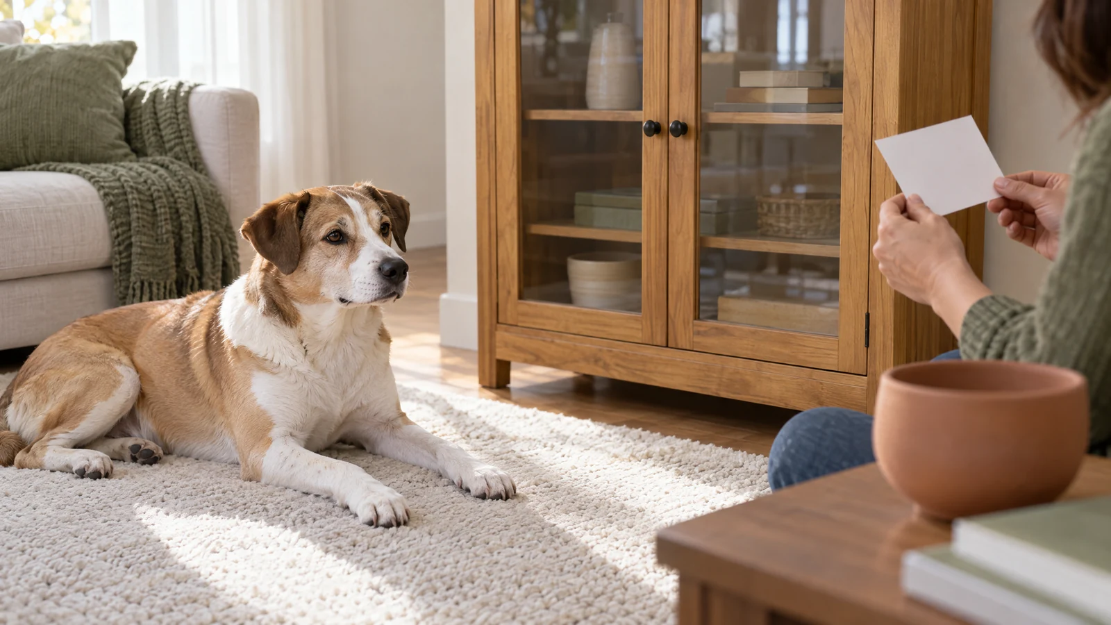 An adult tan-and-white mixed-breed dog rests on a cream rug while an owner checks houseplant information beside a closed glass-front plant cabinet.