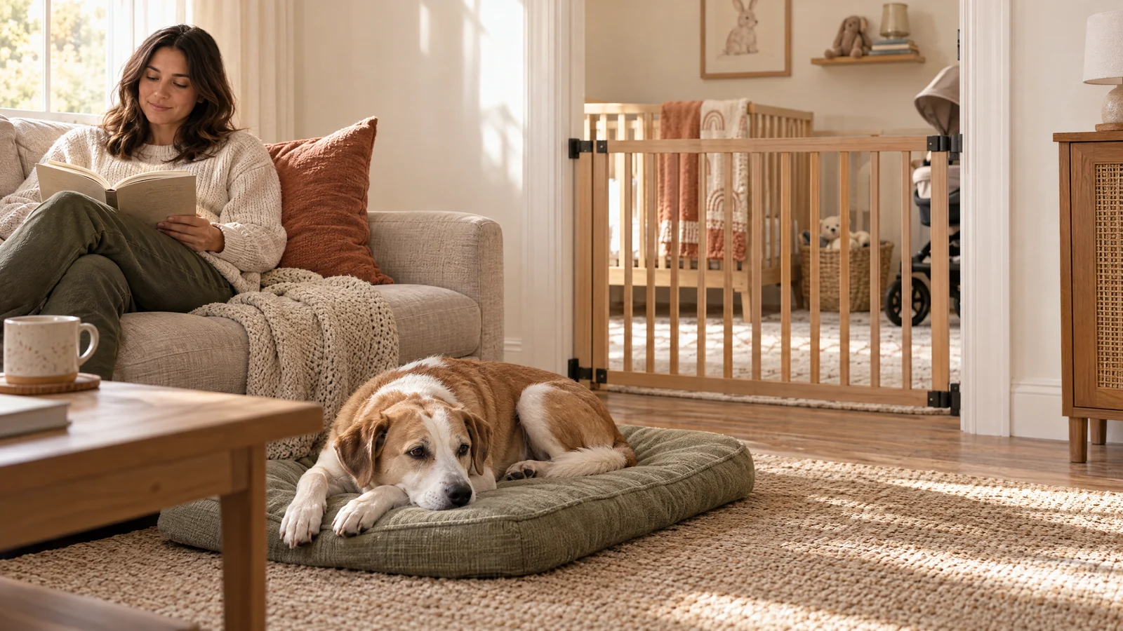 A calm tan-and-white dog rests on a sage mat beside an adult, with a closed wooden baby gate separating a prepared nursery doorway.
