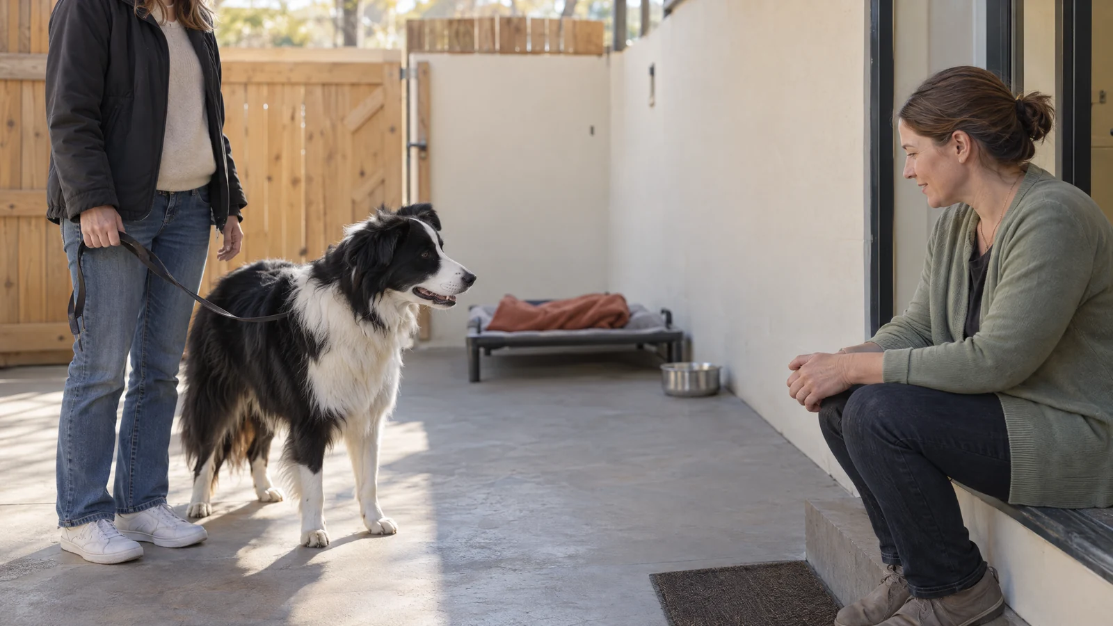 Dog owner with a calm adult Border Collie meeting a caregiver in a clean, secure boarding facility courtyard.