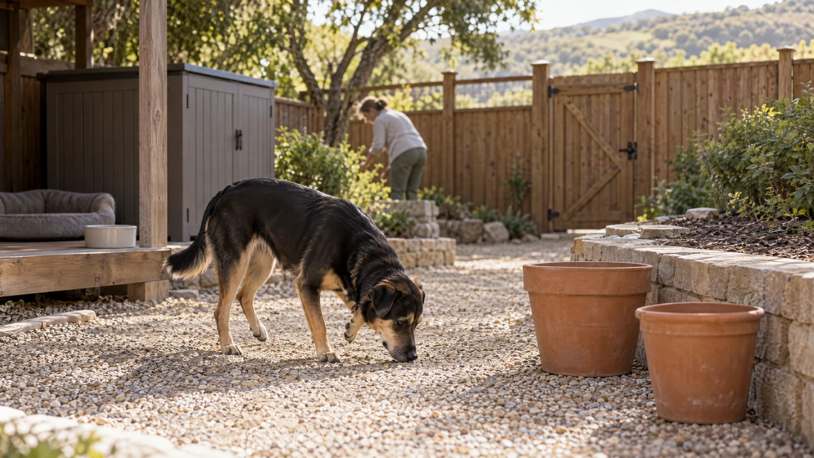 A black-and-tan dog explores a fenced garden beside empty terracotta planters while an adult tends the yard.