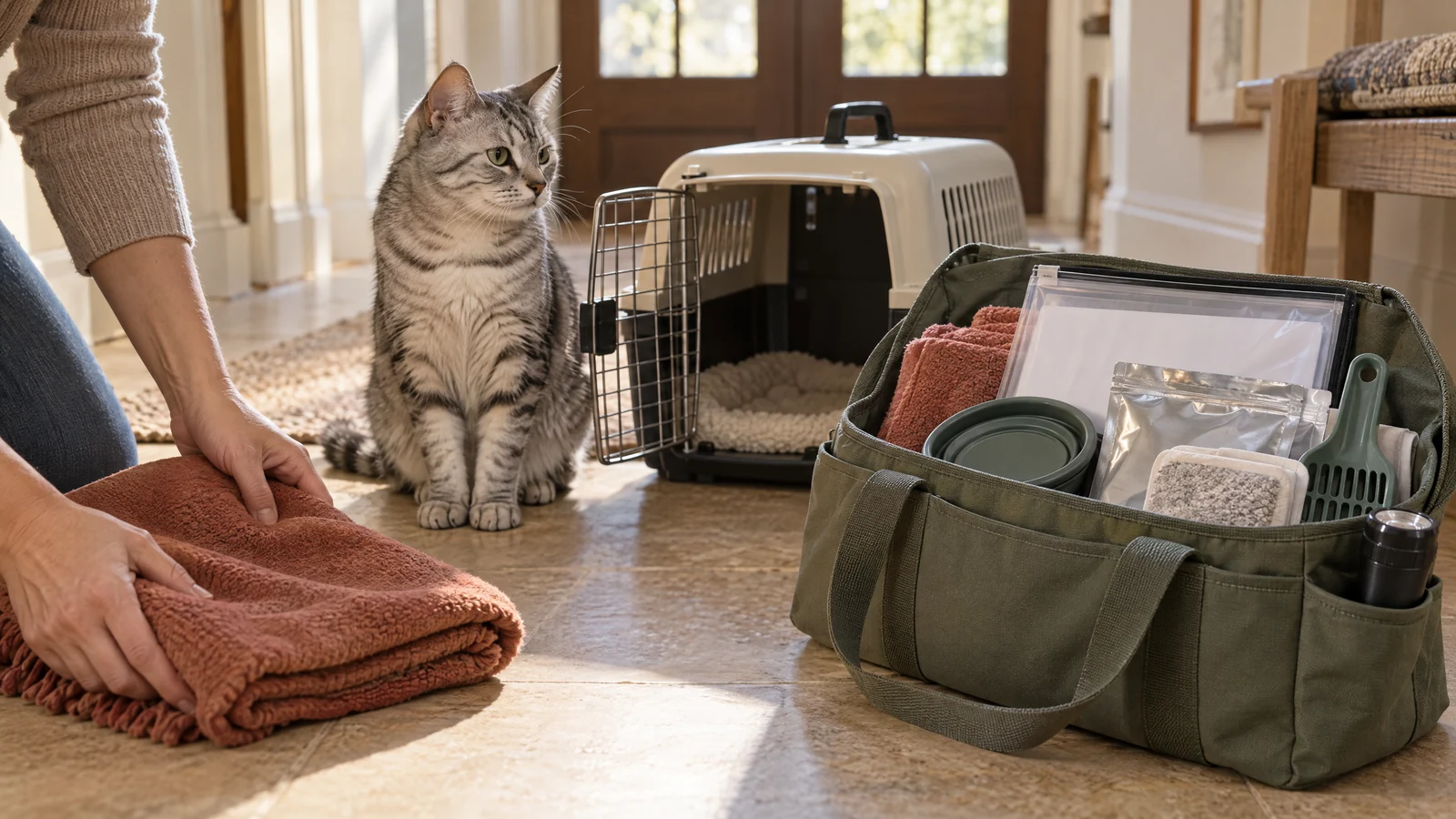 Calm tabby cat beside an open carrier and a neatly packed emergency kit with a towel, bowl, litter supplies and document folder.