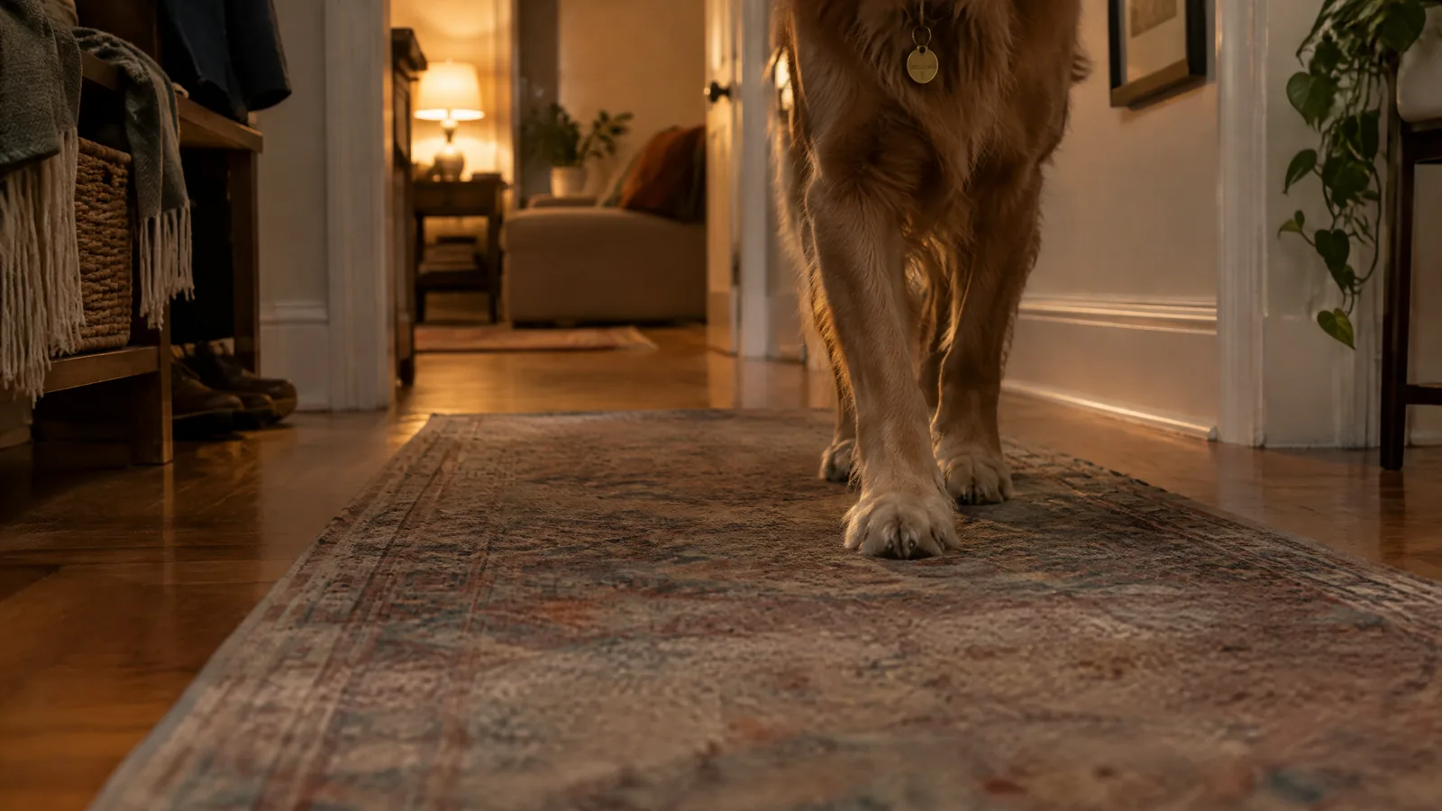 A warmly lived-in apartment hallway at early evening, with a dog’s paws entering the frame beside a softly lit doorway.