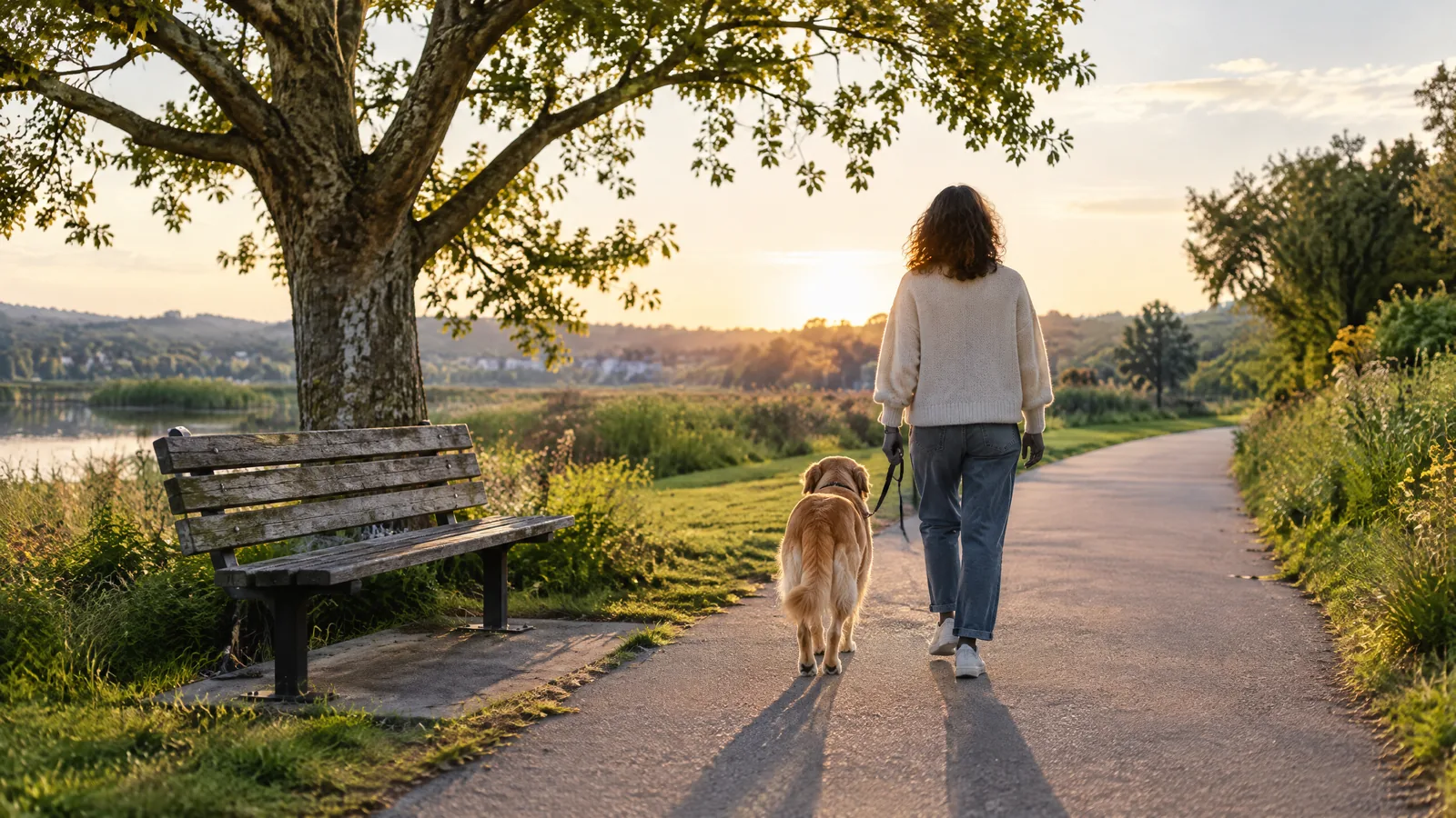 A person and dog seen from behind beside a quiet neighborhood path, with a weathered bench and leafy tree in soft evening light.
