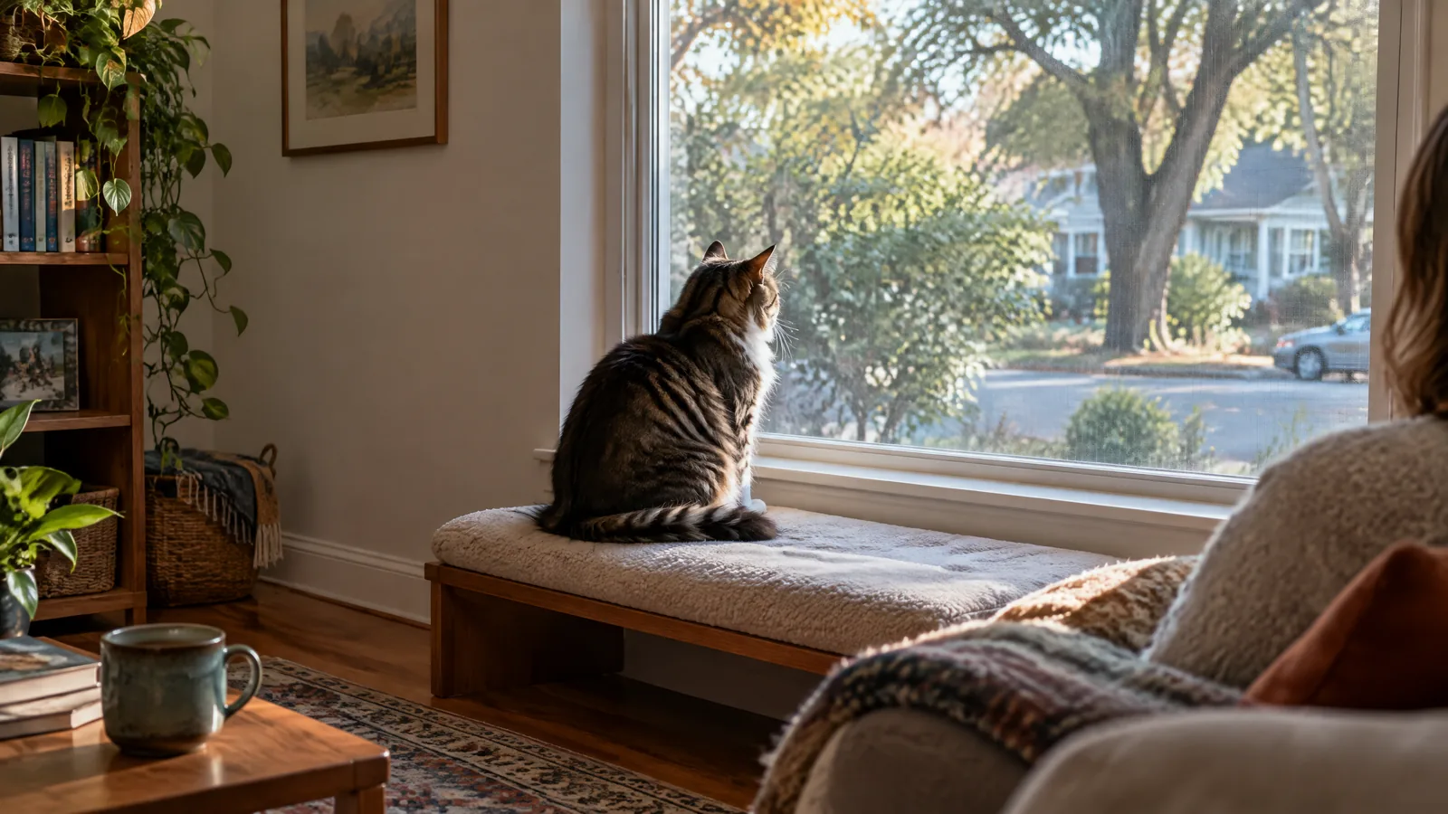 A cat sits on a low interior perch beside a closed, screened window, watching a quiet, tree-lined street in soft afternoon light.