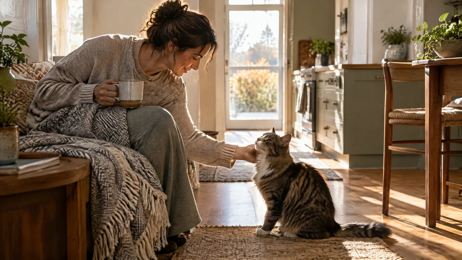 At first light, an adult sits near a kitchen doorway as a companion animal approaches in a quiet, lived-in home.