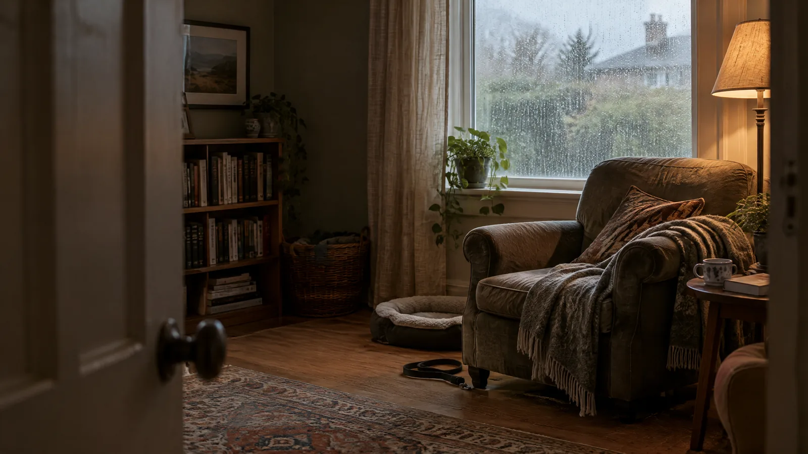 A lived-in sitting room on a rainy afternoon, with soft window light, a warm lamp, a worn armchair, folded blanket, and an empty cushion.