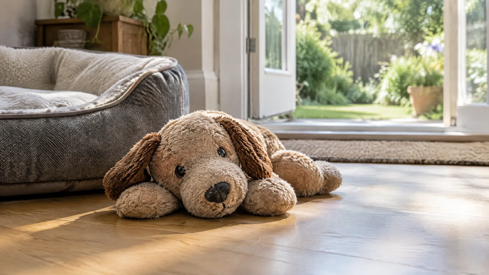 A softly worn plush toy rests on a sunlit floor beside a dog’s bed near a doorway, with a garden faintly visible beyond.