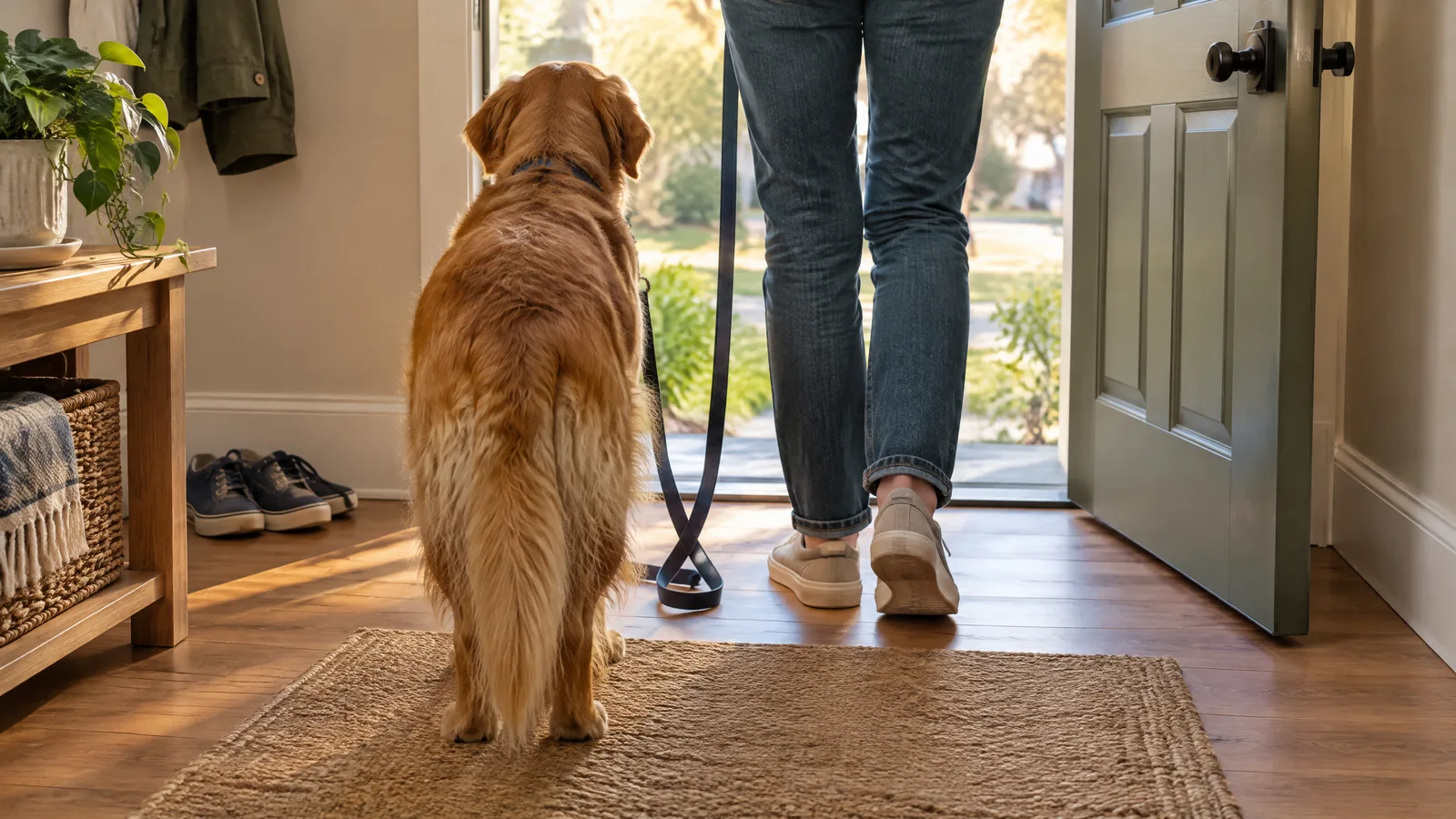 A companion dog viewed from behind stands beside an adult’s legs in a modest entryway as late-afternoon light crosses an open doorway.