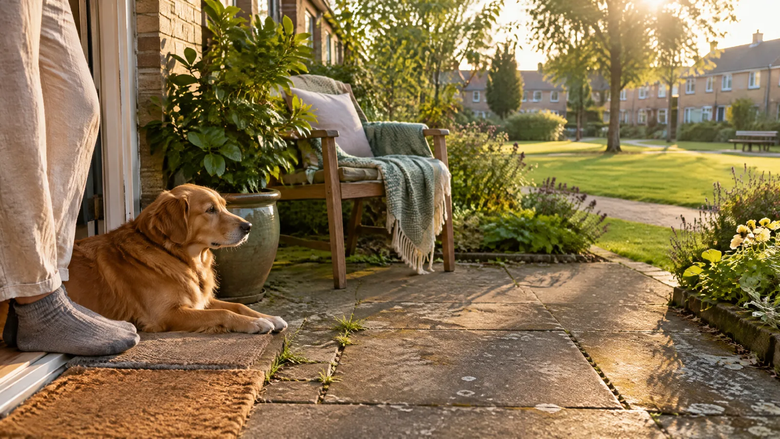 A companion animal rests near a modest home doorway opening onto a sunlit garden corner, with a person nearby and neighbouring homes beyond.