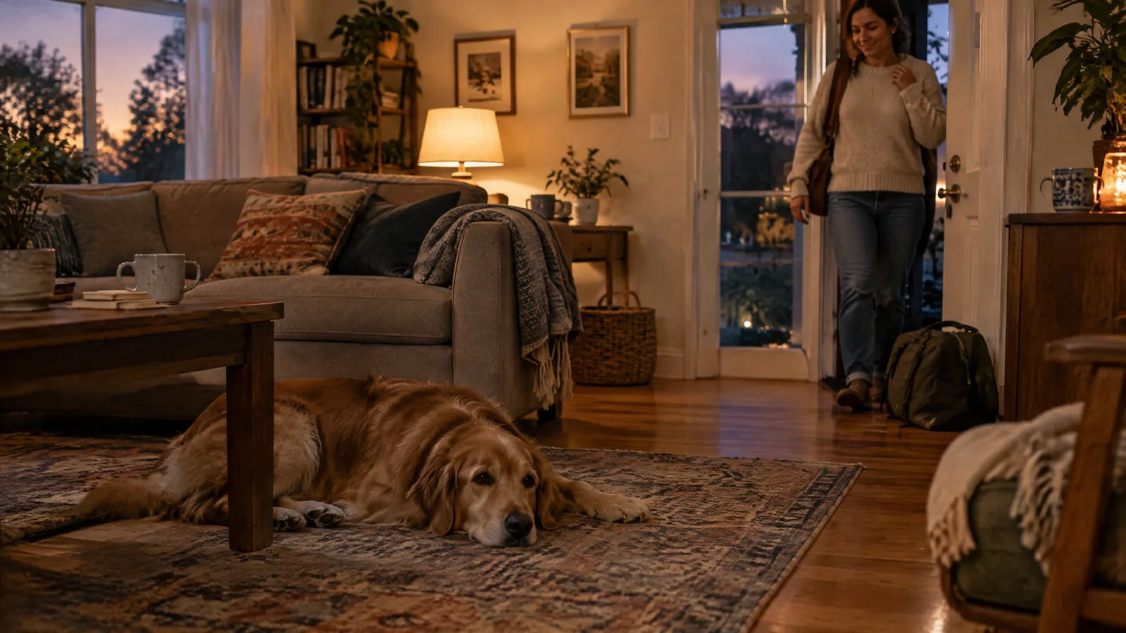 A relaxed companion animal rests on a living-room rug as an adult sets down a work bag in the warm evening light.