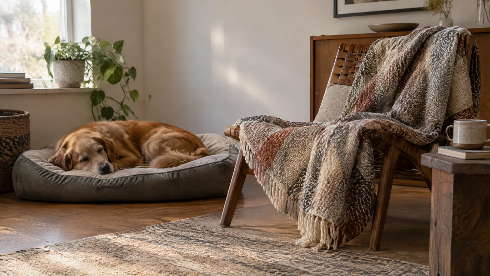 A well-worn woven blanket hangs over a low chair in soft morning light, beside a companion animal resting on a clear, separate sleeping area.