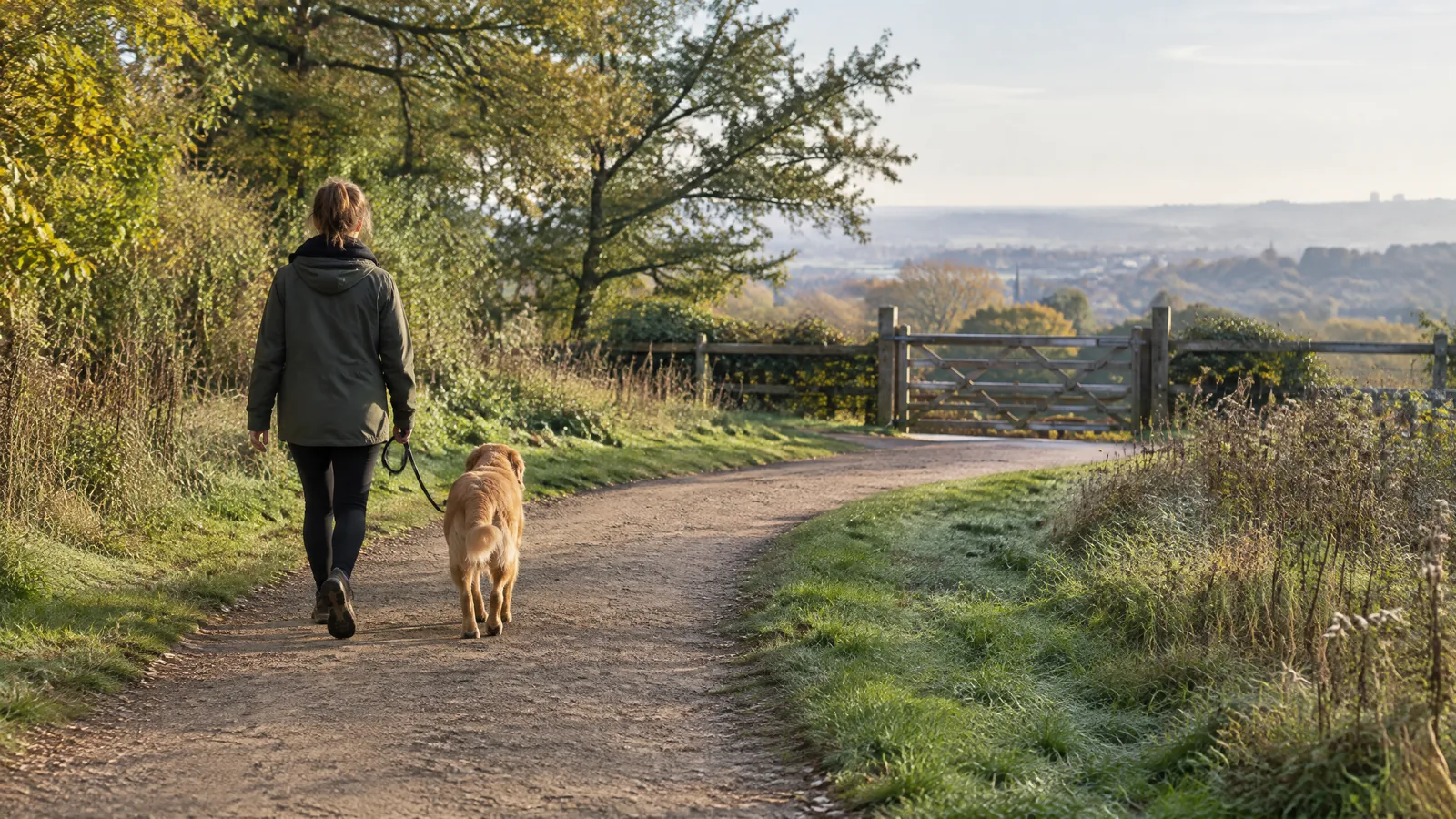 A person and dog walking together from behind on a firm path toward a gentle bend beside quiet greenery.