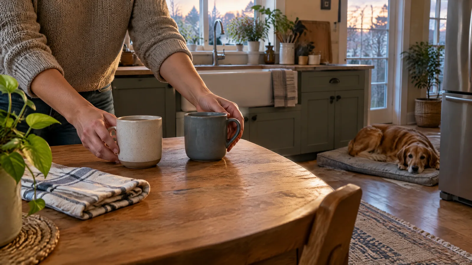 An adult sets down two plain mugs beside a folded dish towel in a warm, lived-in kitchen, while a calm dog rests on a mat several feet away.