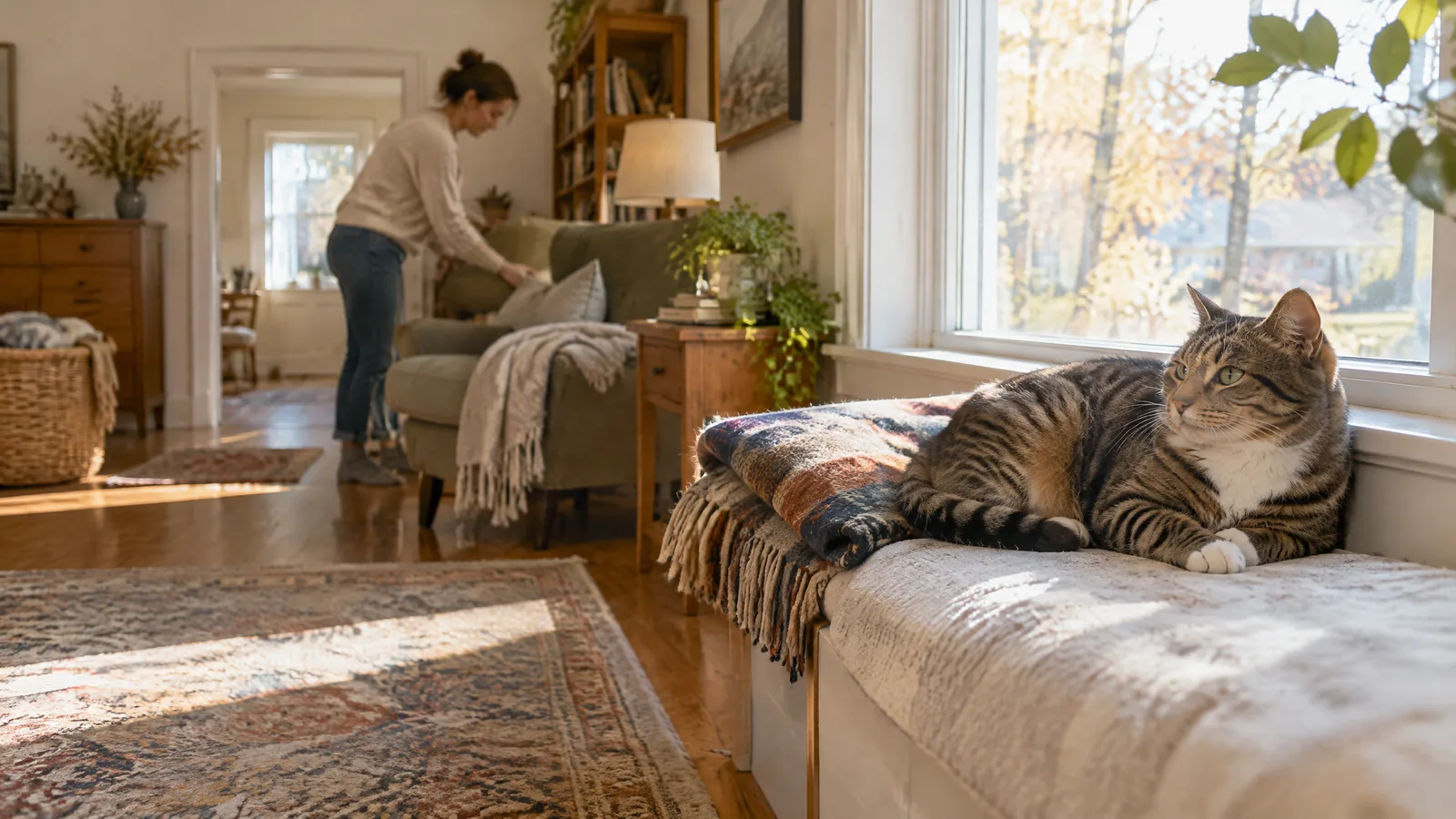 A companion animal rests near a sunlit window as a person quietly tends a modest, lived-in room.