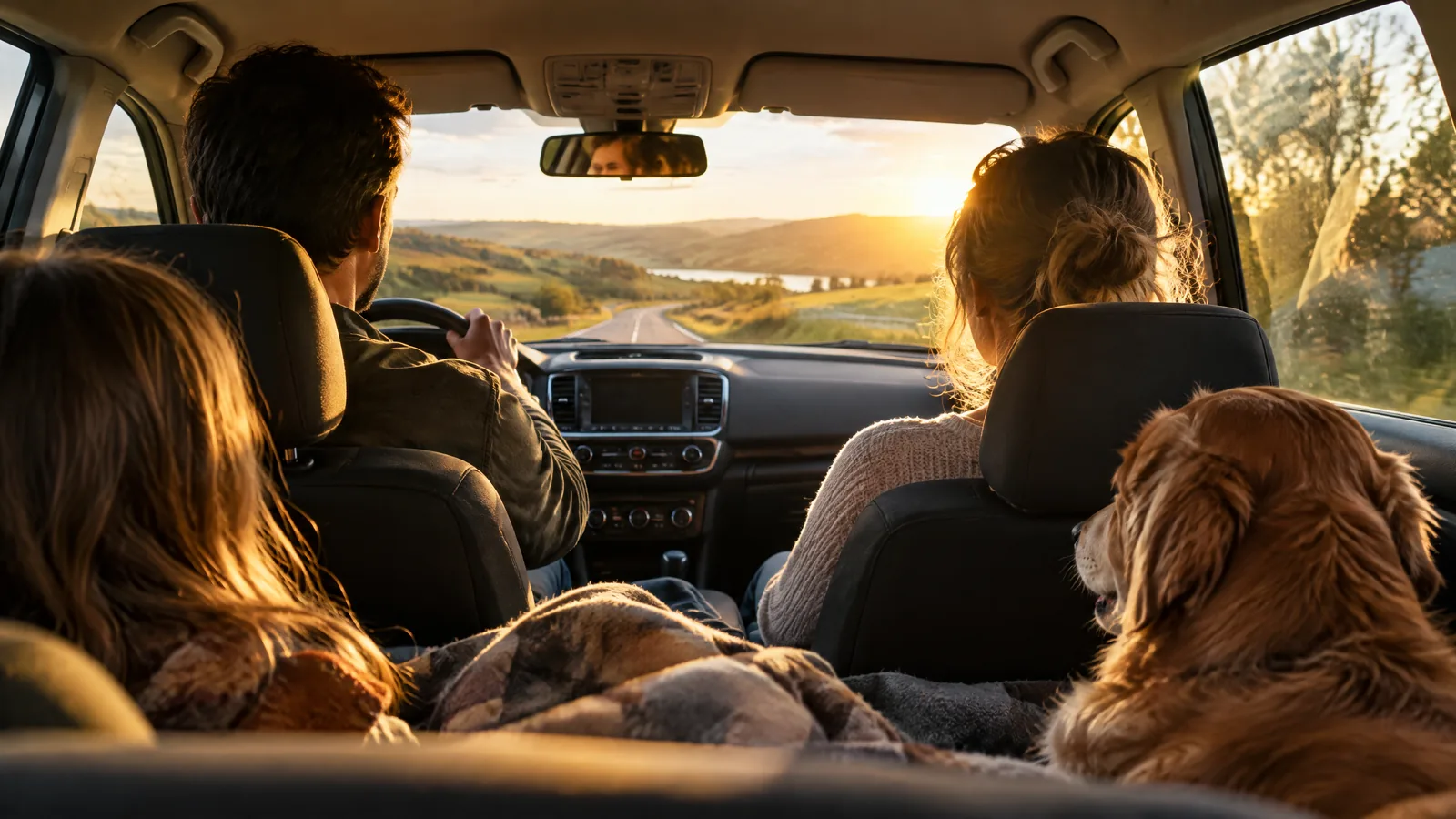 A warmly lit car interior at golden hour, with an animal companion beside a soft blanket as a quiet country road stretches ahead.