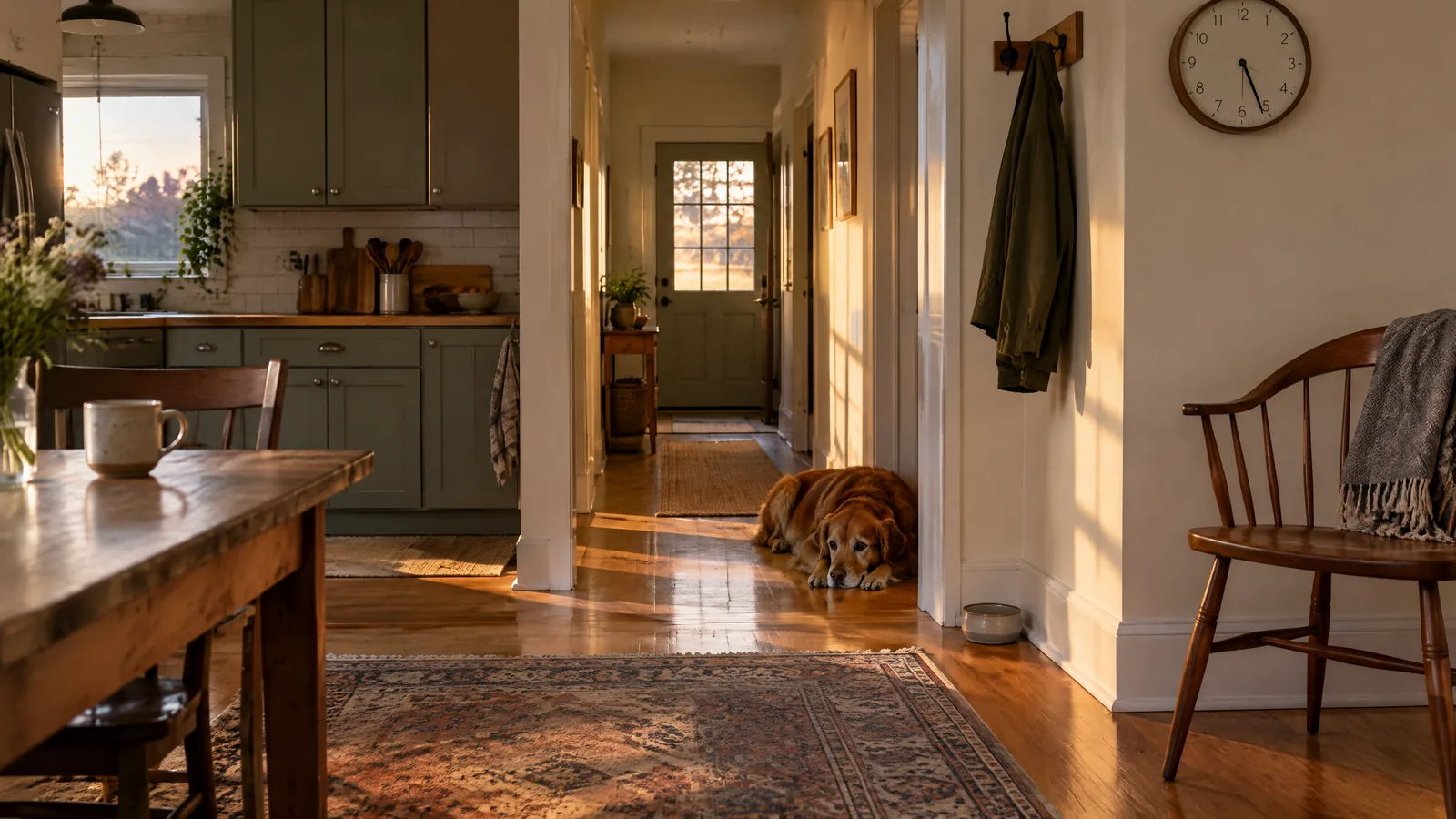 A companion dog rests by a familiar doorway in a warmly lit home at early evening, with a quiet hallway and empty chair nearby.